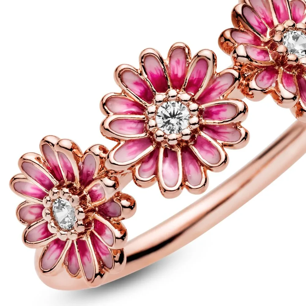 ROSE PINK DAISY FLOWER ENAMEL TRIO RING