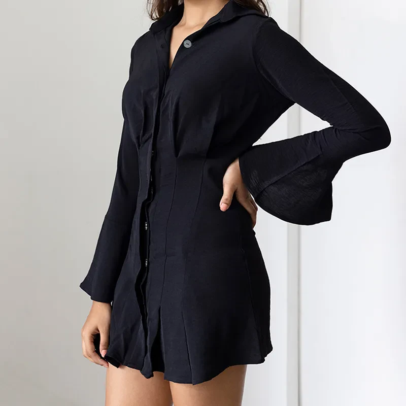 BELL SLEEVE BUTTON DOWN MINI IN BLACK