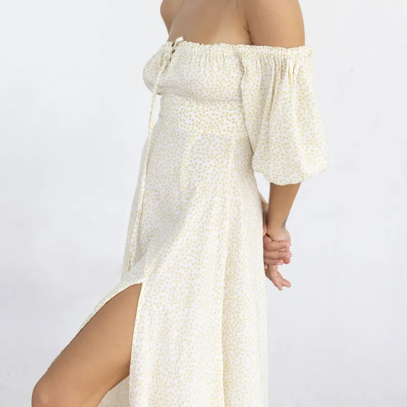 BEIGE PRINTED OFF SHOULDER SLIT MIDI