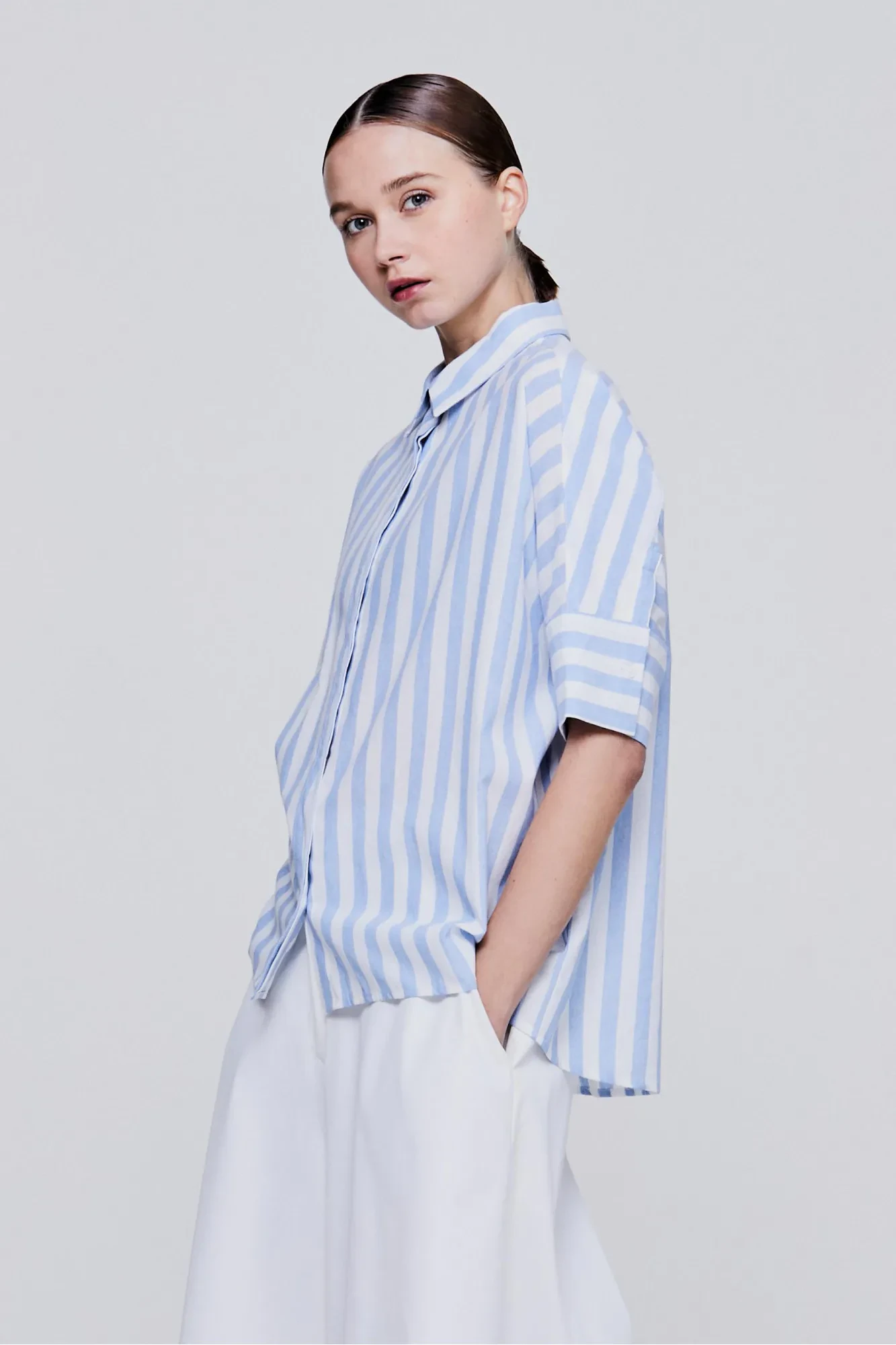 STRIPED MAGYAR CUT BLOUSE - SKY BLUE