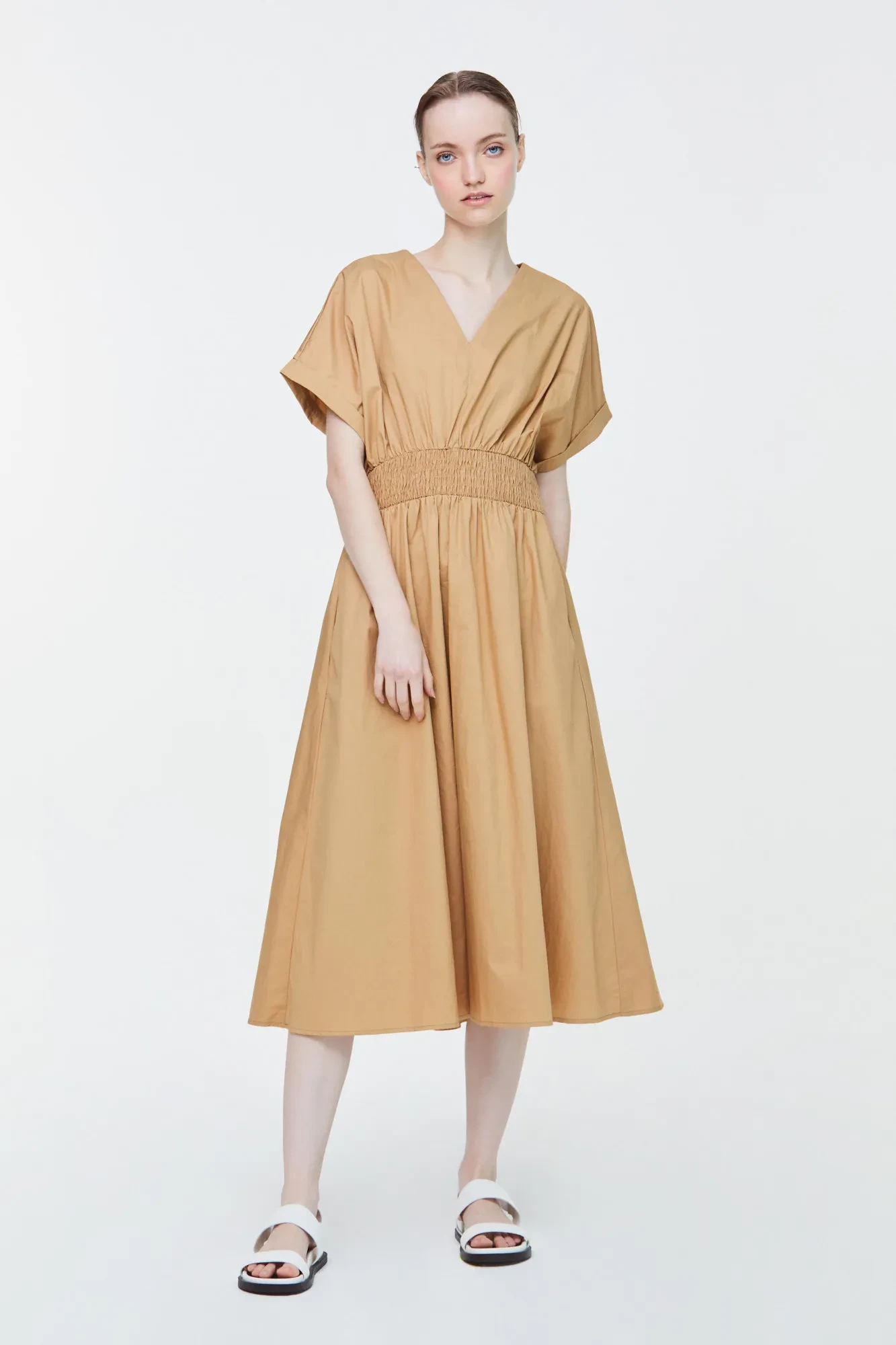 SMOCKED MAGYAR DRESS - KHAKI