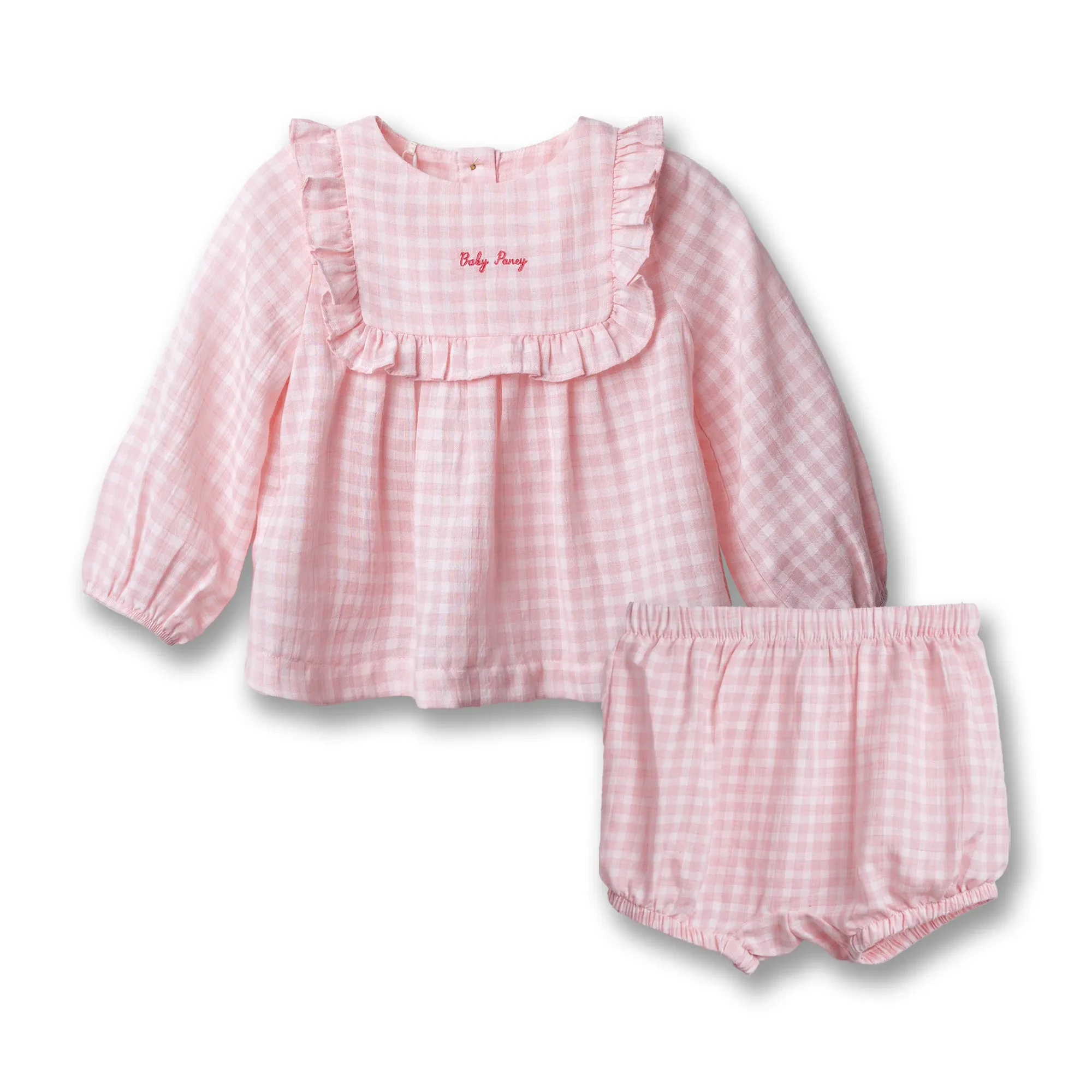 BABY GIRLS POWDER PINK GINGHAM LONG SLEEVE BLOUSE & SHORTS SET
