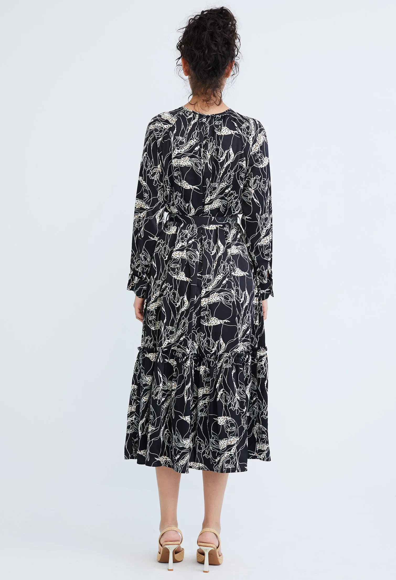 ABSTRACT ALLOVER FLORA BELTED DRESS [BLACK]