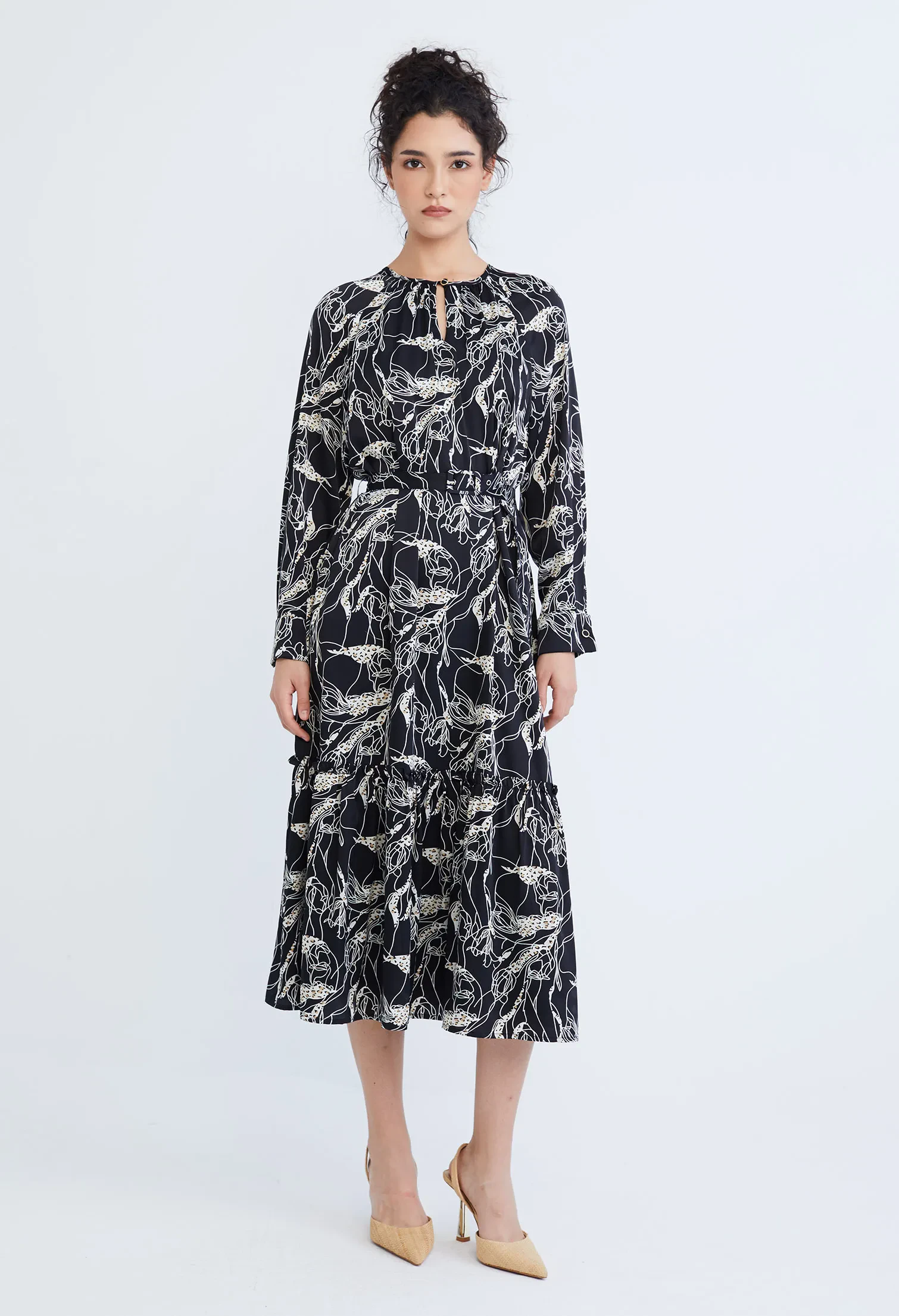 ABSTRACT ALLOVER FLORA BELTED DRESS [BLACK]