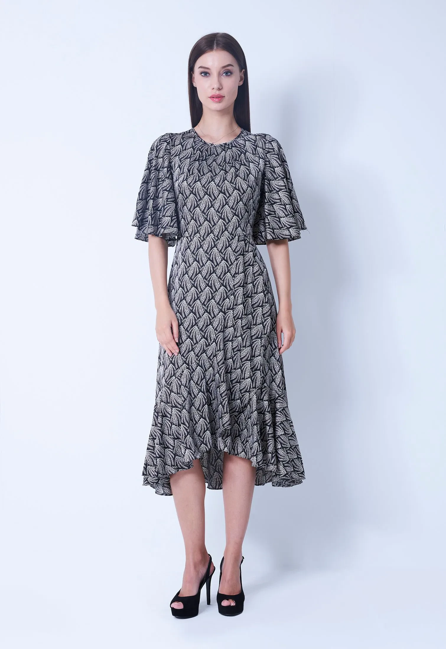 ALLOVER TWIG SATIN RUFFLE DRESS [BLACK]