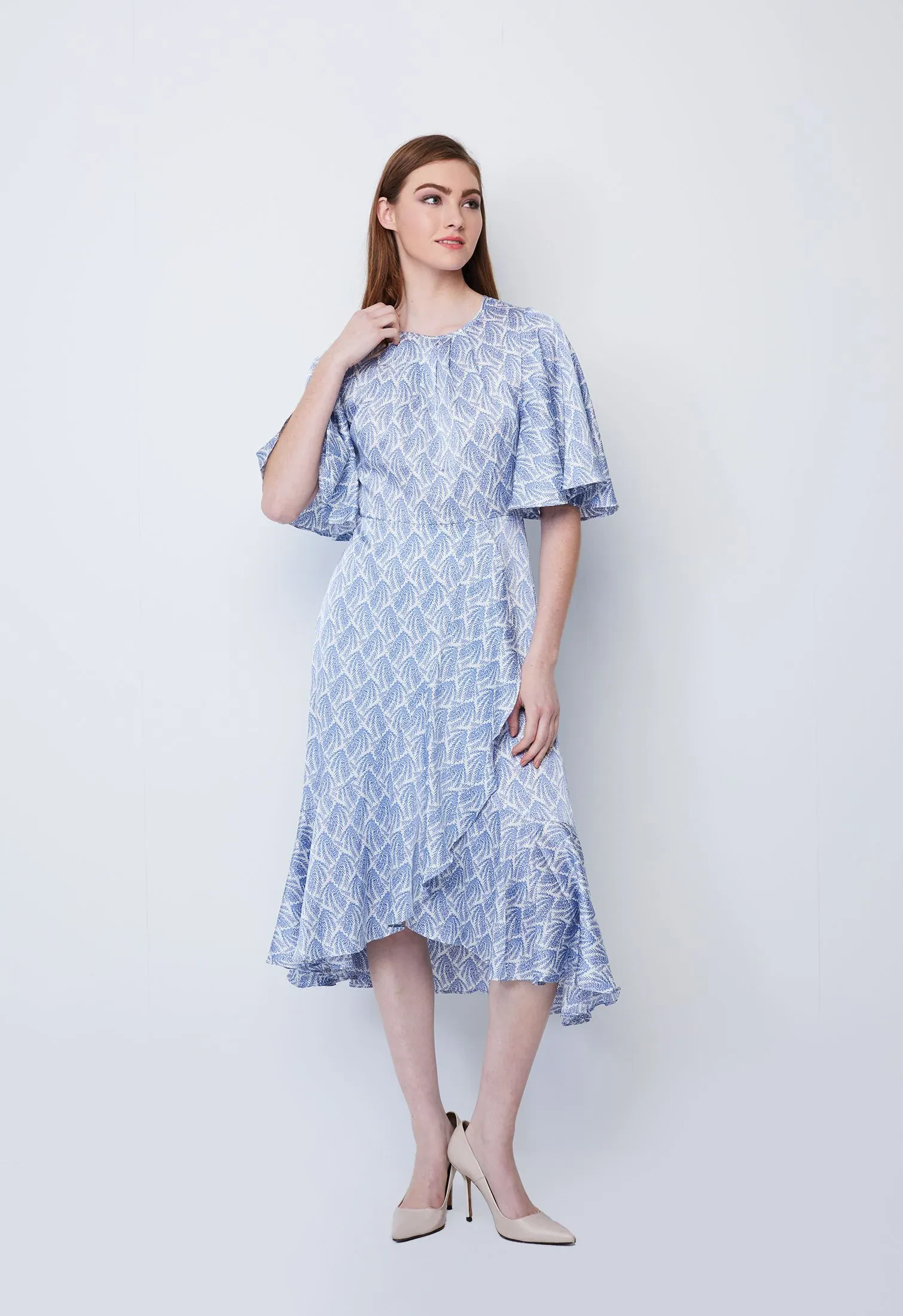 ALLOVER TWIG SATIN RUFFLE DRESS [BLUE]