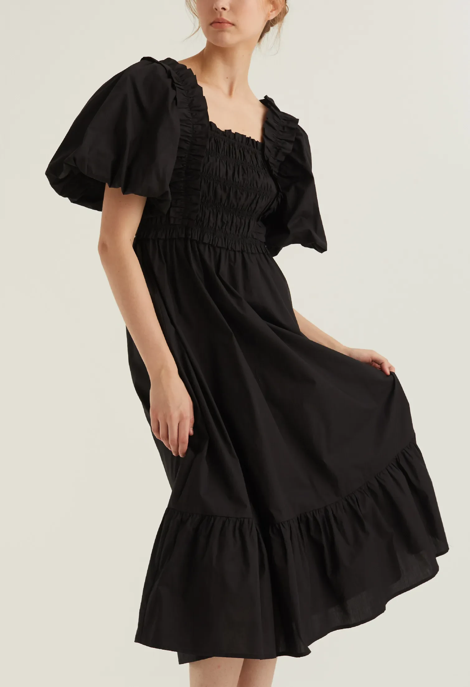 BALLOON SLEEVE CORSET DETAIL MIDI DRESS [BLACK]