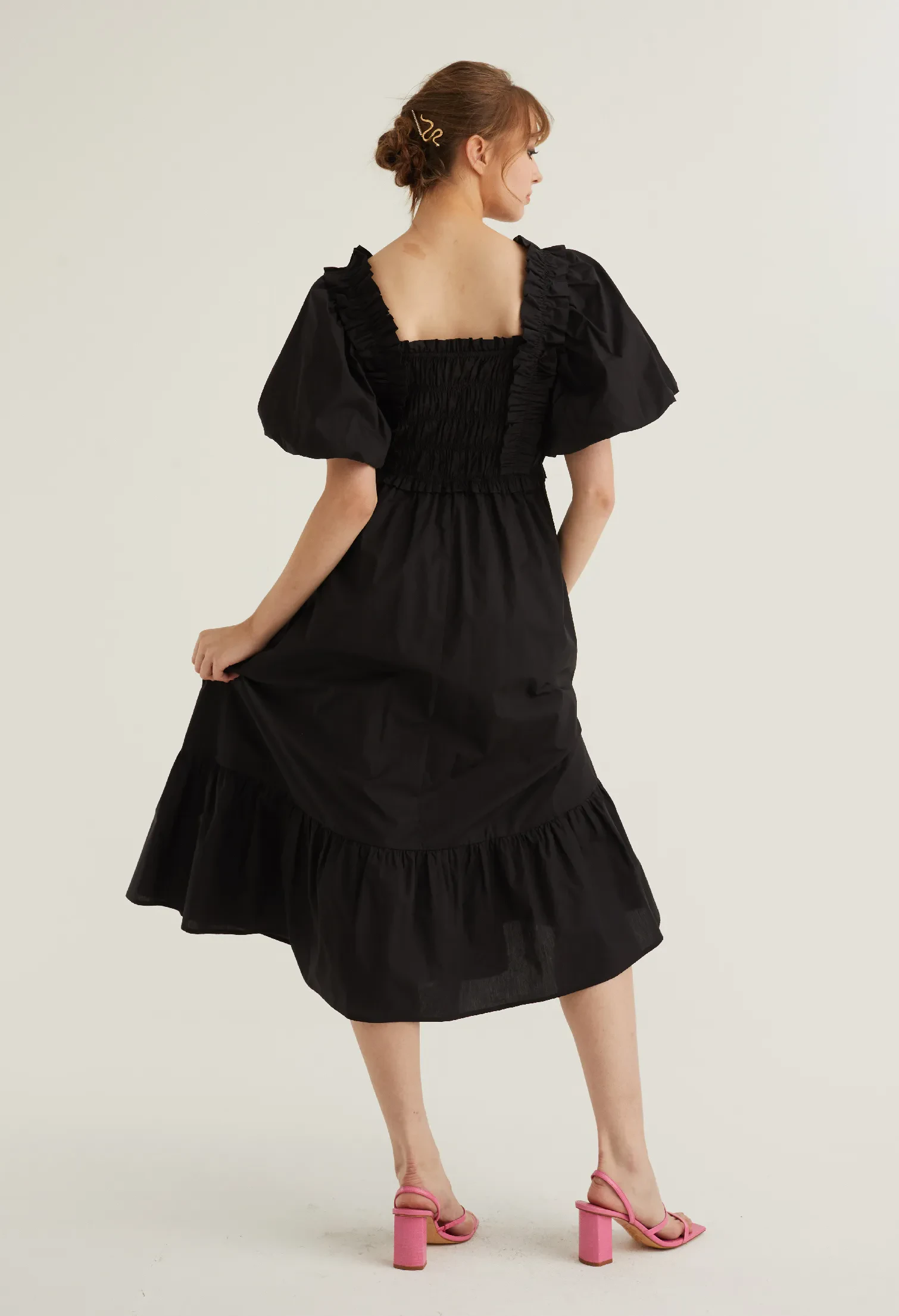 BALLOON SLEEVE CORSET DETAIL MIDI DRESS [BLACK]