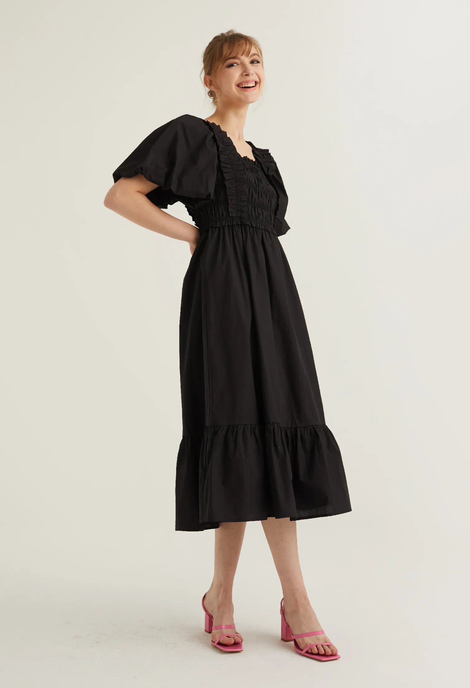 BALLOON SLEEVE CORSET DETAIL MIDI DRESS [BLACK]