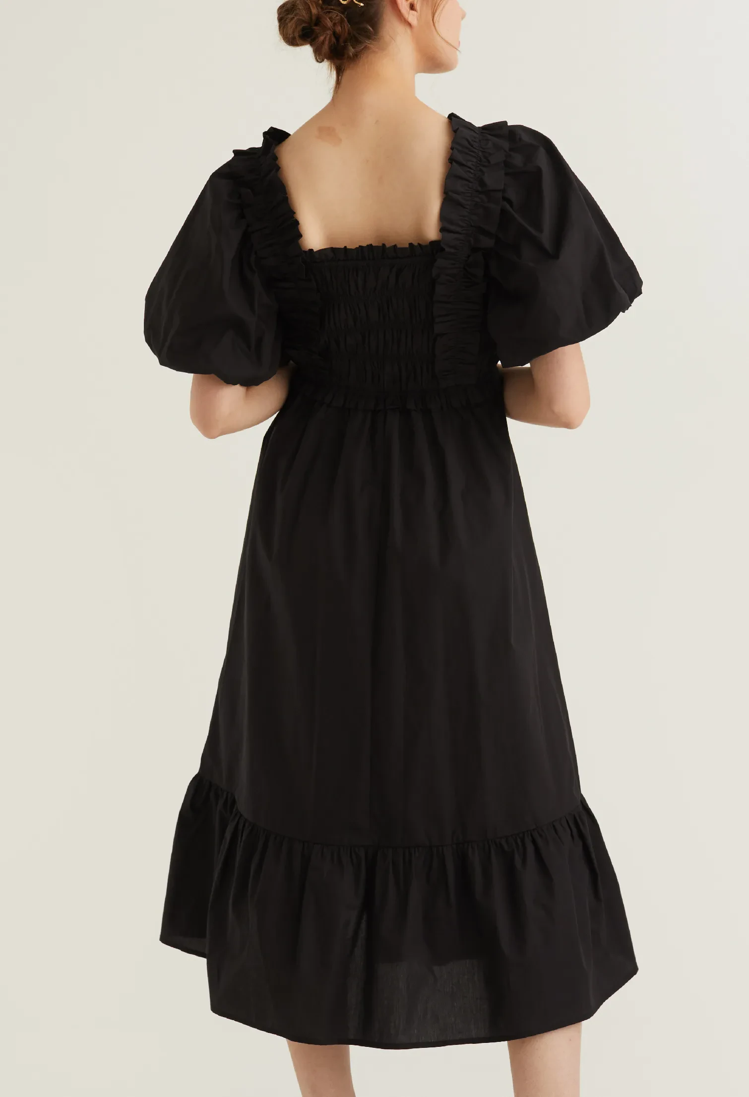 BALLOON SLEEVE CORSET DETAIL MIDI DRESS [BLACK]