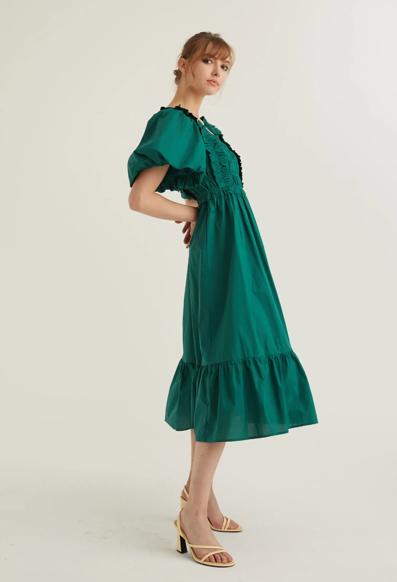 BALLOON SLEEVE CORSET DETAIL MIDI DRESS [EMERALD]