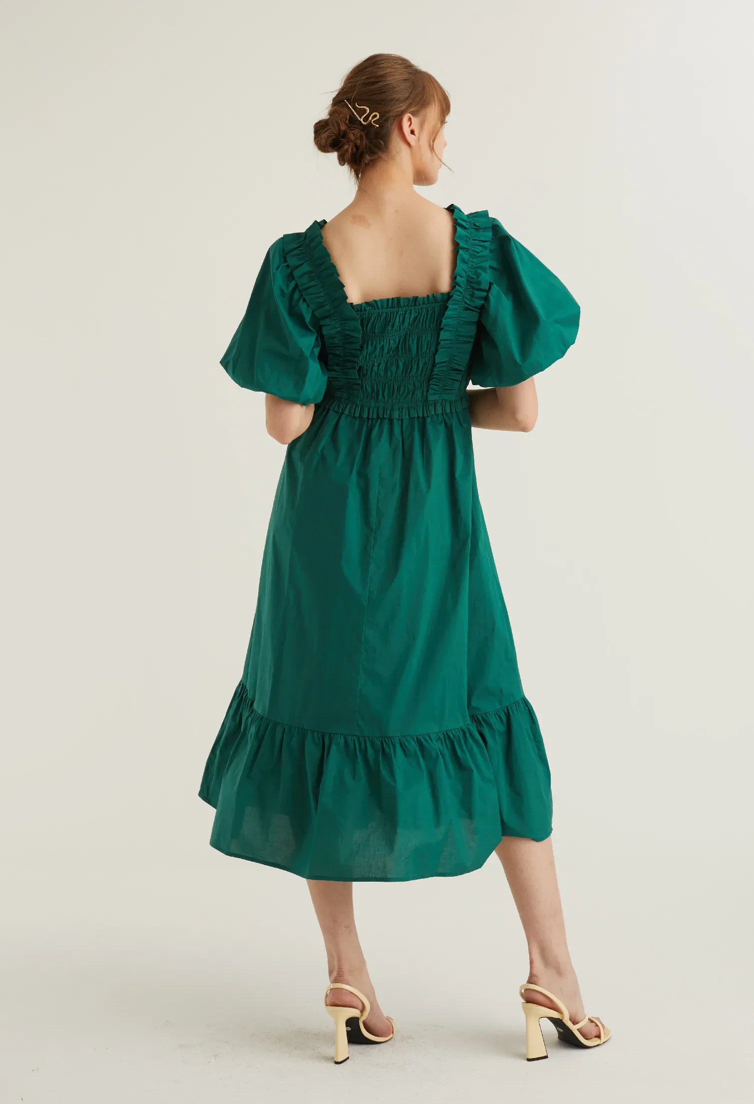 BALLOON SLEEVE CORSET DETAIL MIDI DRESS [EMERALD]