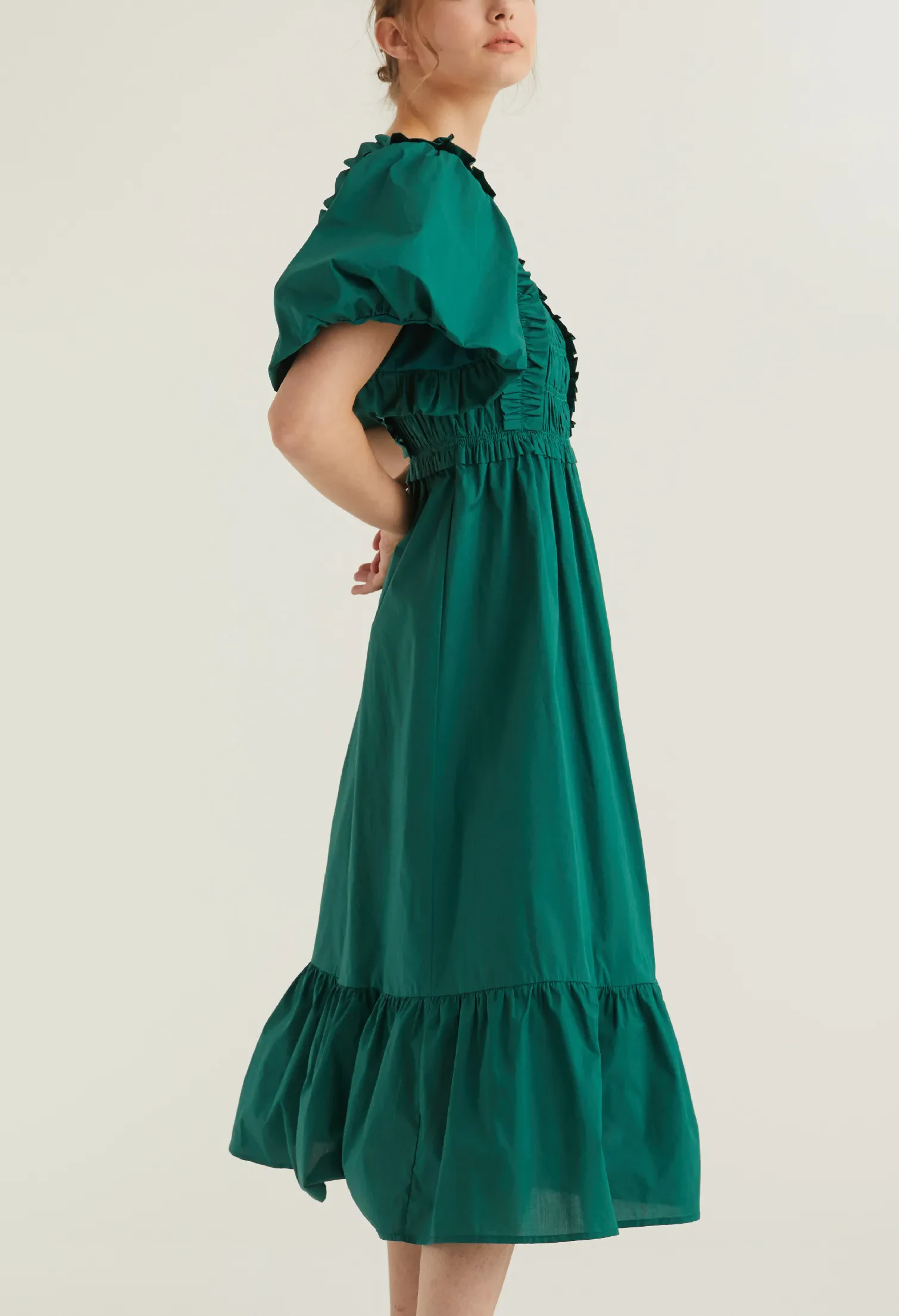 BALLOON SLEEVE CORSET DETAIL MIDI DRESS [EMERALD]