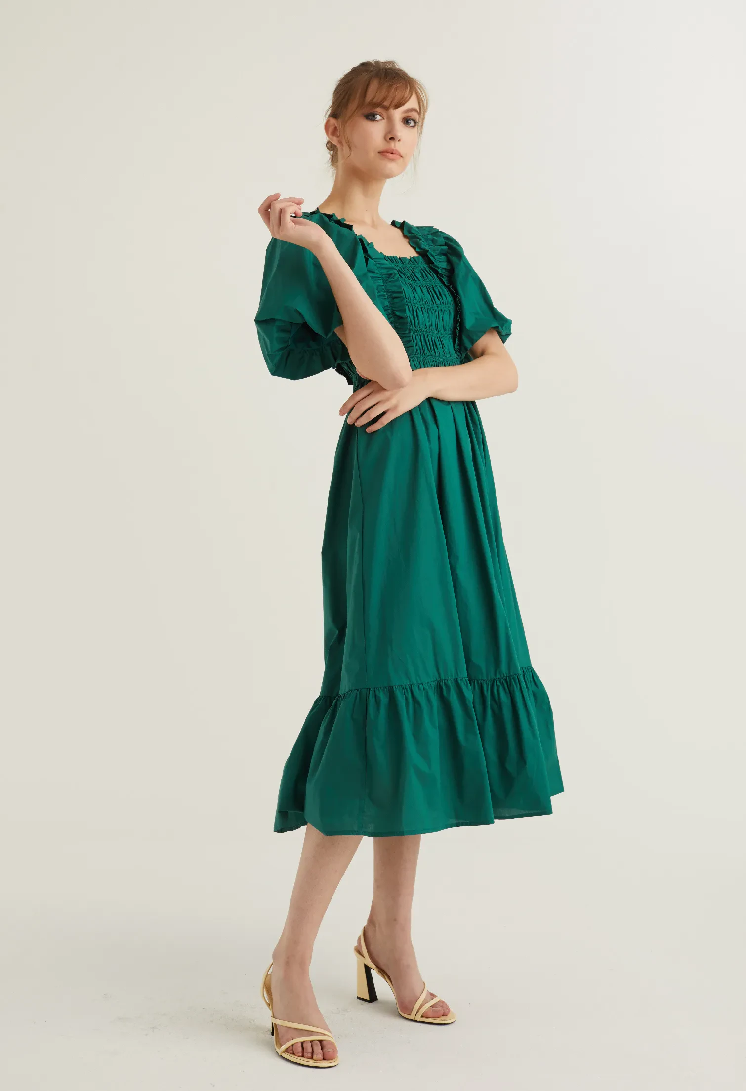 BALLOON SLEEVE CORSET DETAIL MIDI DRESS [EMERALD]