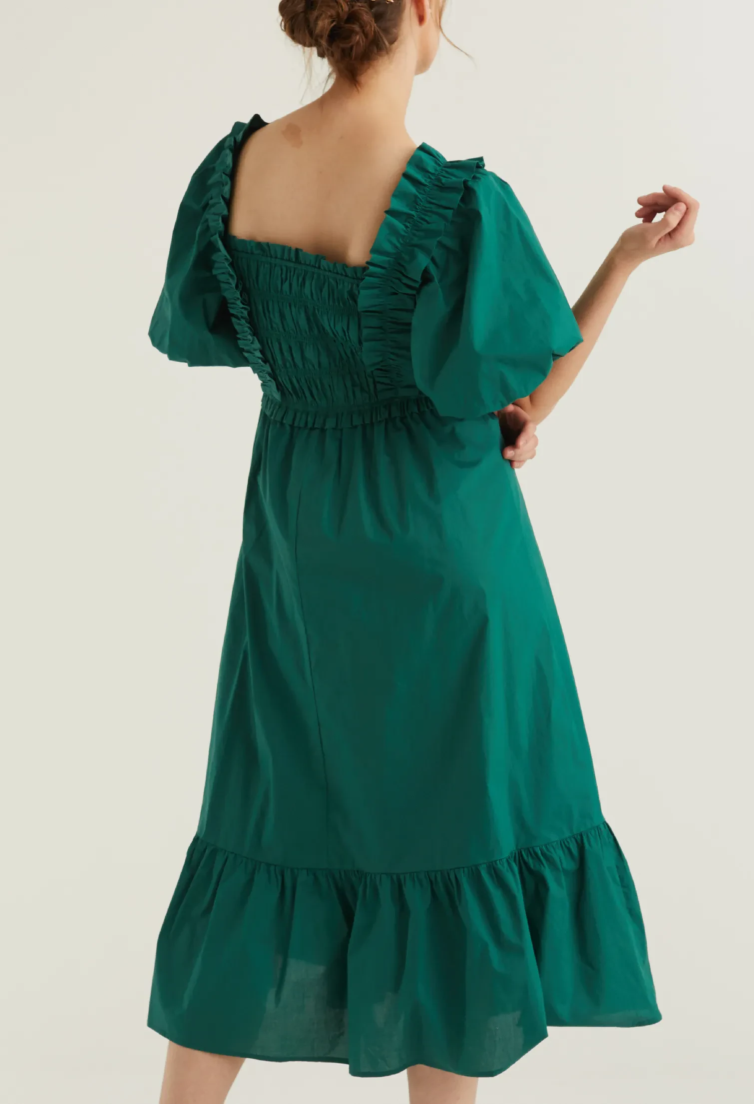 BALLOON SLEEVE CORSET DETAIL MIDI DRESS [EMERALD]