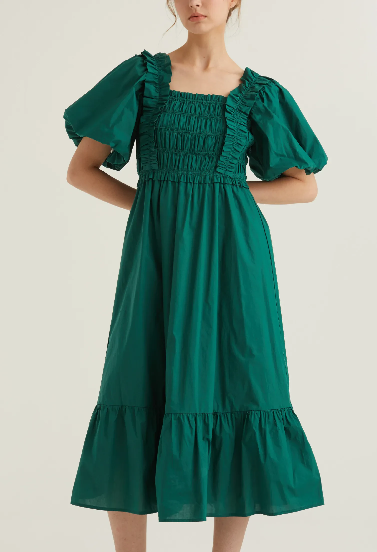 BALLOON SLEEVE CORSET DETAIL MIDI DRESS [EMERALD]