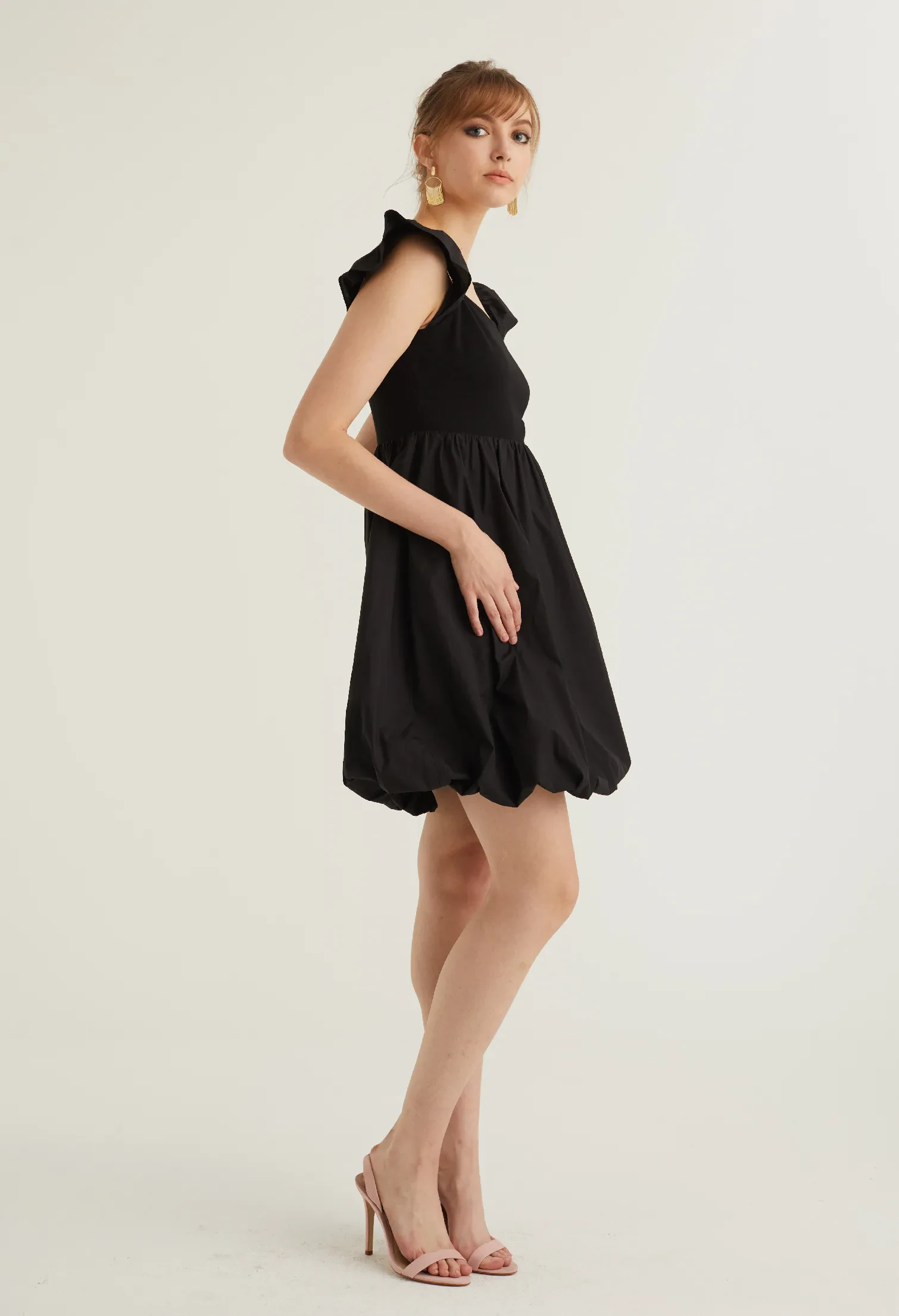 CAP SLEEVE BALLOON DETAIL DRESS [BLACK]