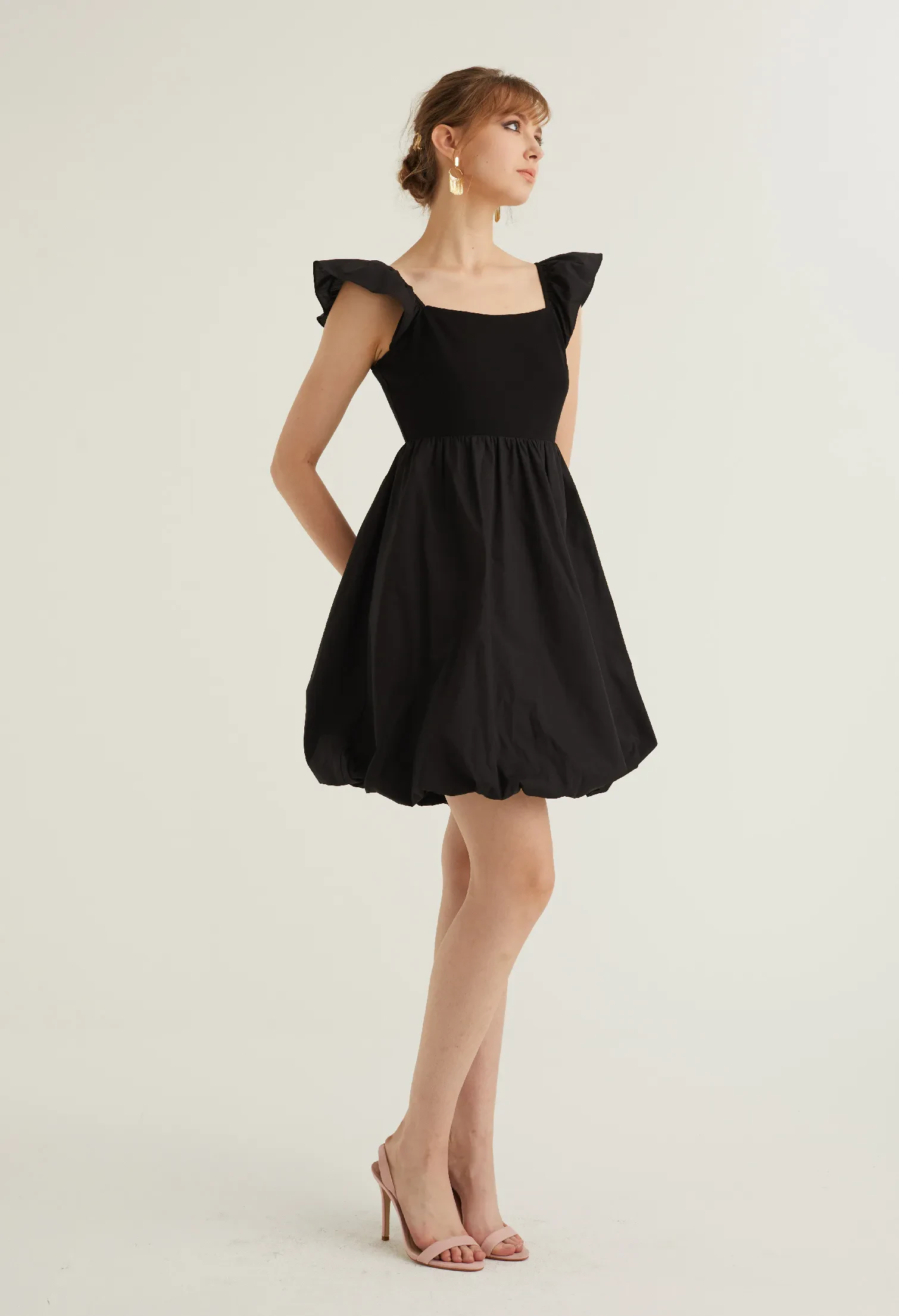 CAP SLEEVE BALLOON DETAIL DRESS [BLACK]