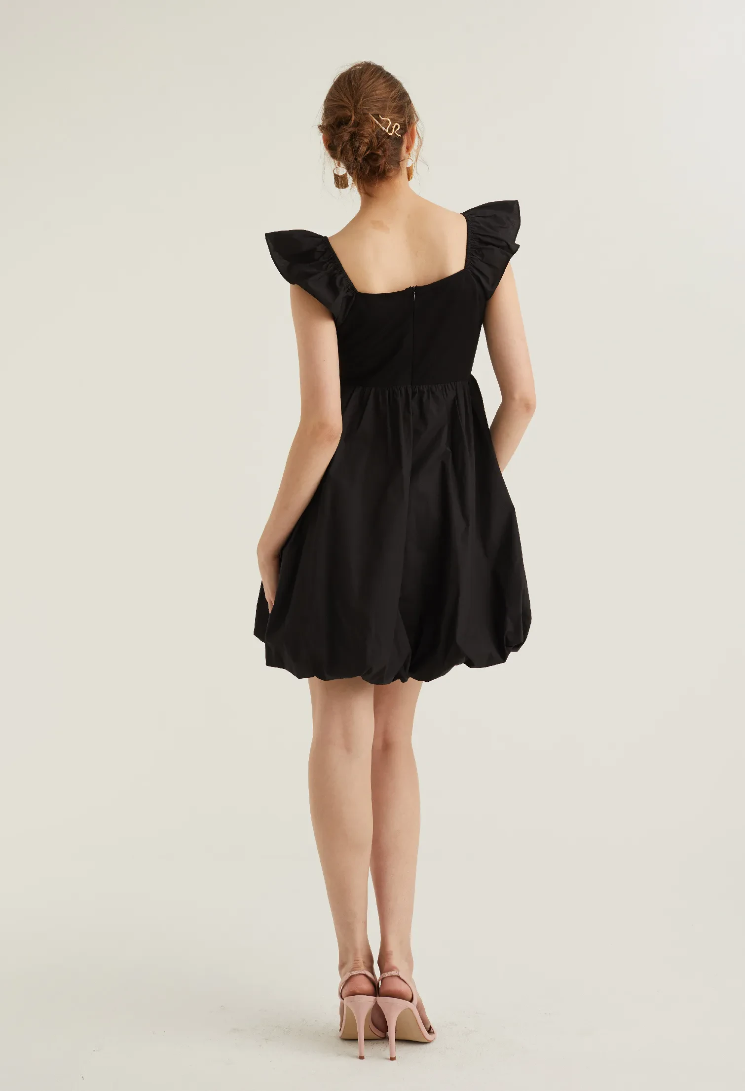 CAP SLEEVE BALLOON DETAIL DRESS [BLACK]