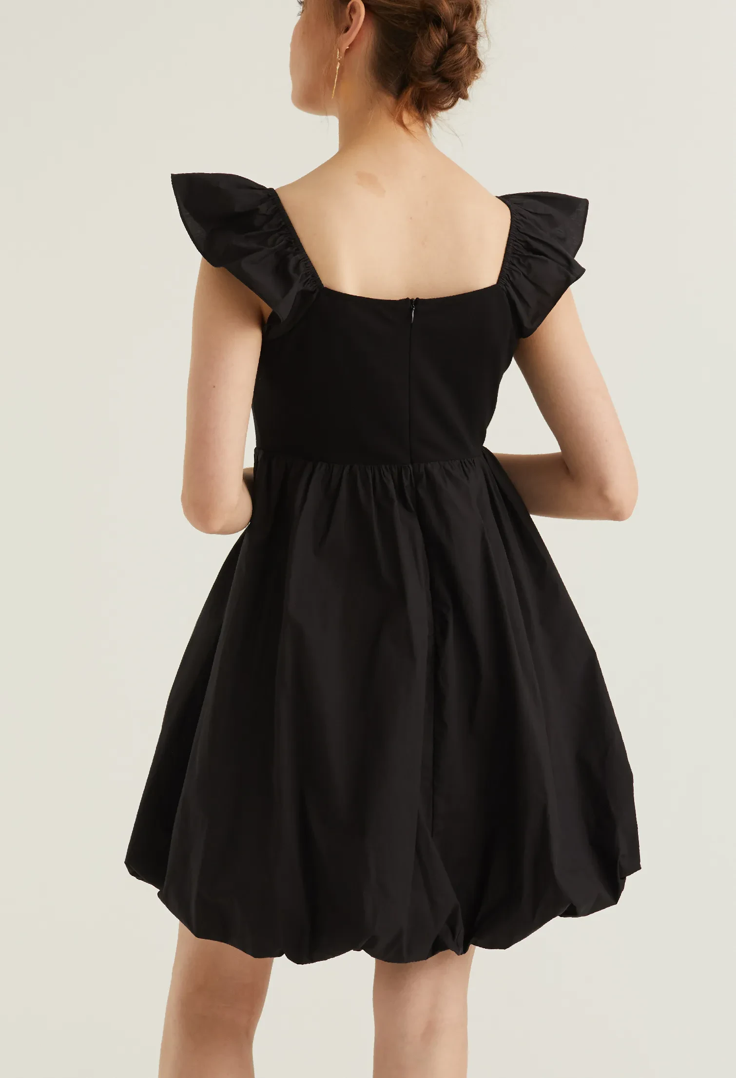 CAP SLEEVE BALLOON DETAIL DRESS [BLACK]