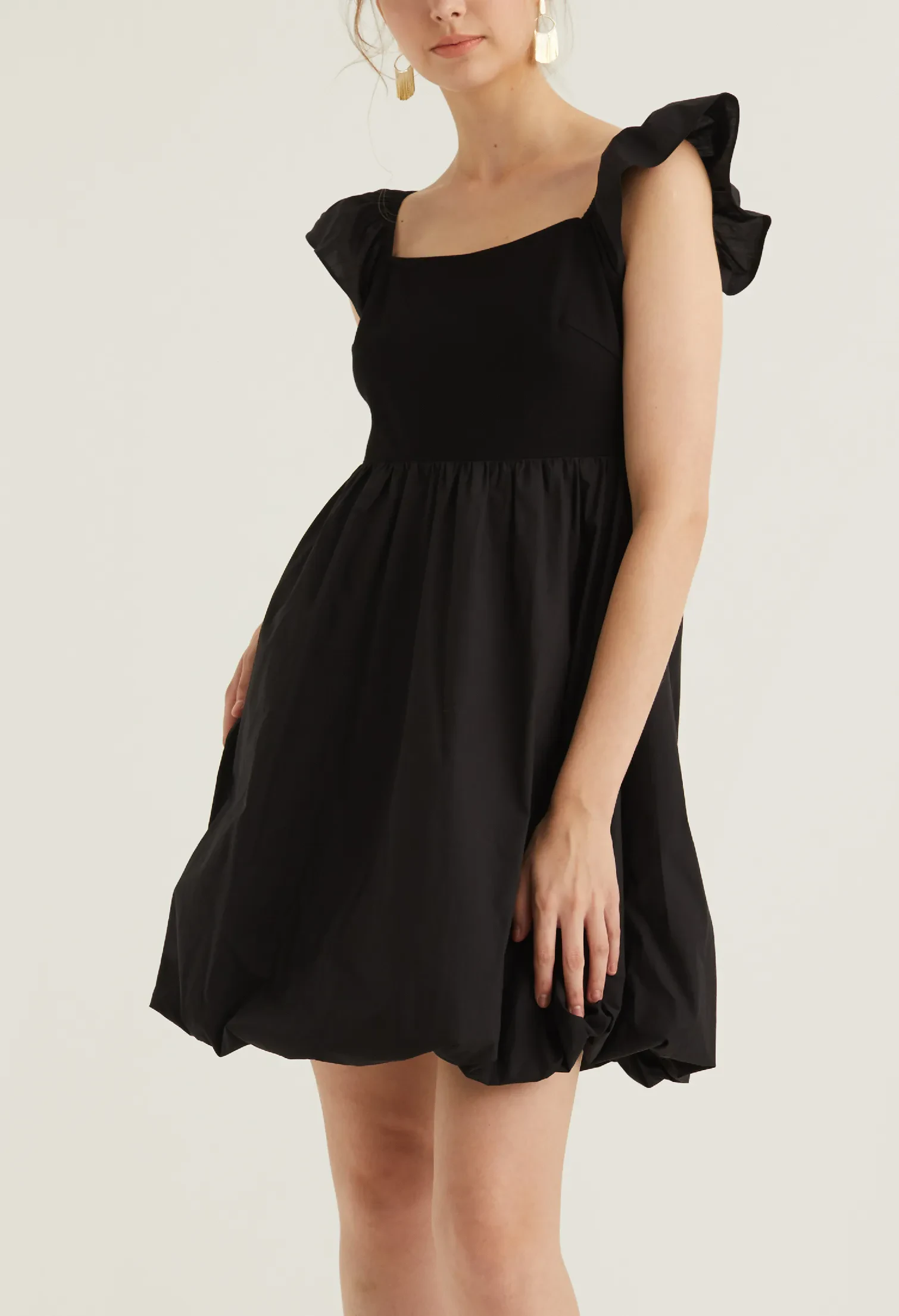 CAP SLEEVE BALLOON DETAIL DRESS [BLACK]
