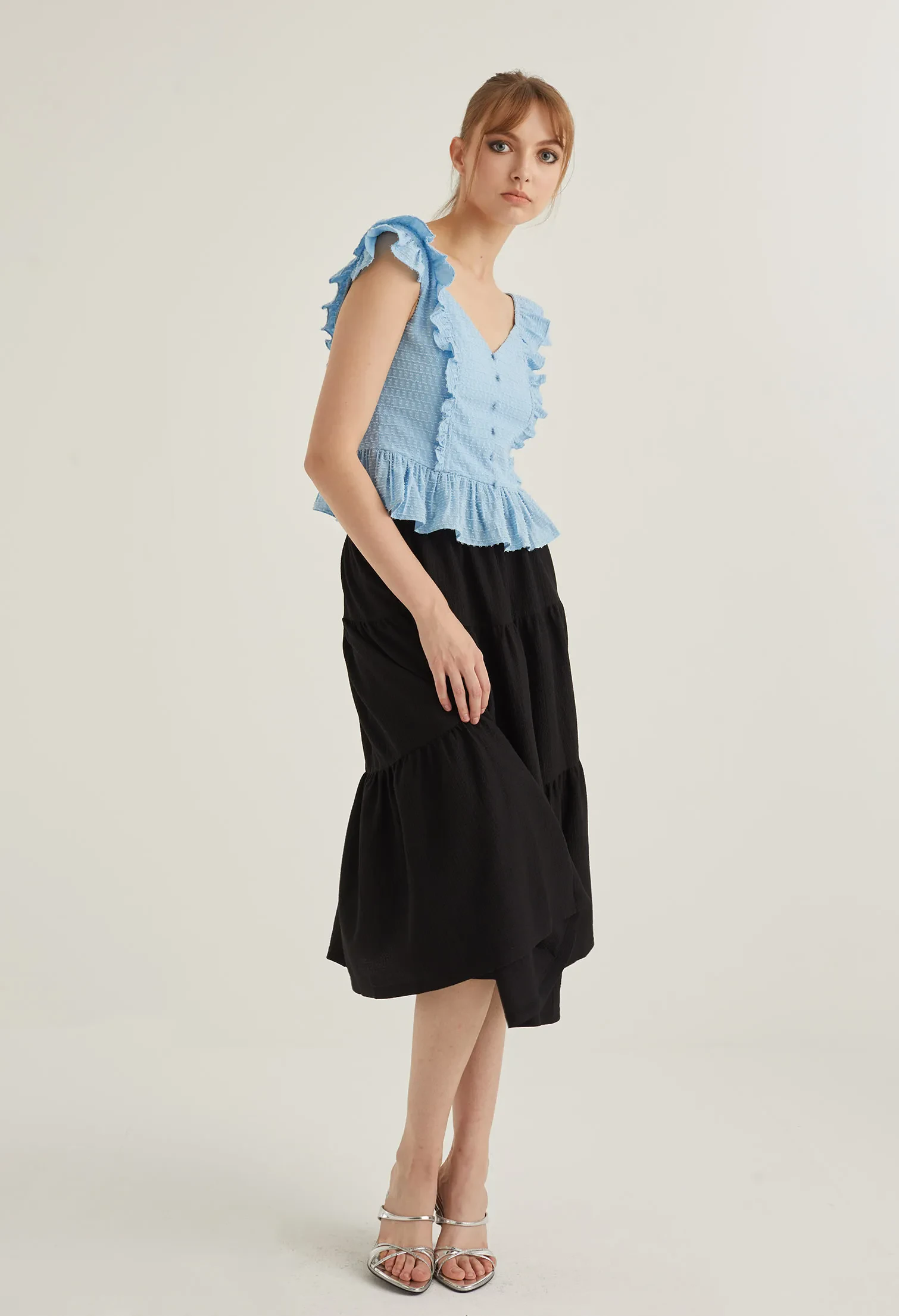 CAP SLEEVE VINTAGE PEPLUM TOP [L/BLUE]