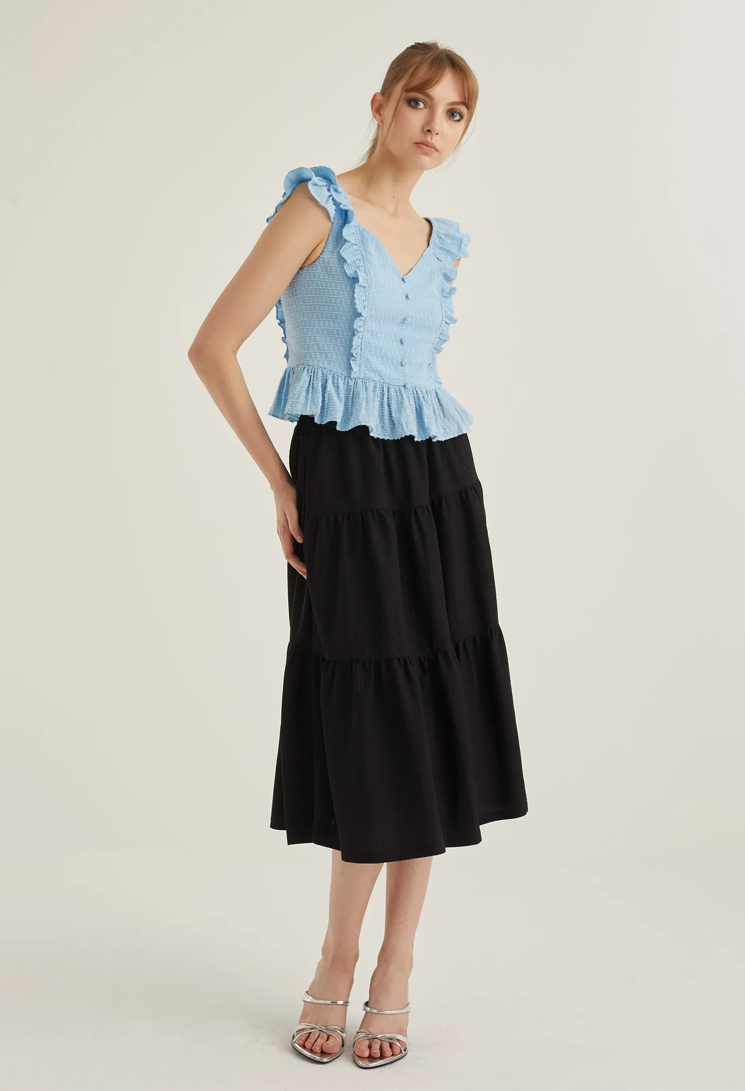 CAP SLEEVE VINTAGE PEPLUM TOP [L/BLUE]