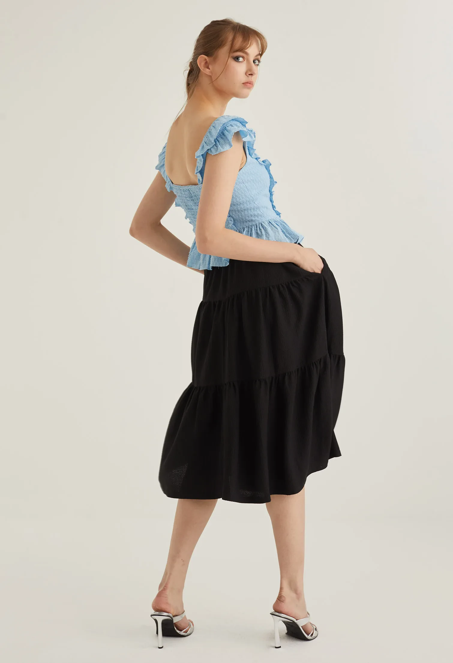 CAP SLEEVE VINTAGE PEPLUM TOP [L/BLUE]