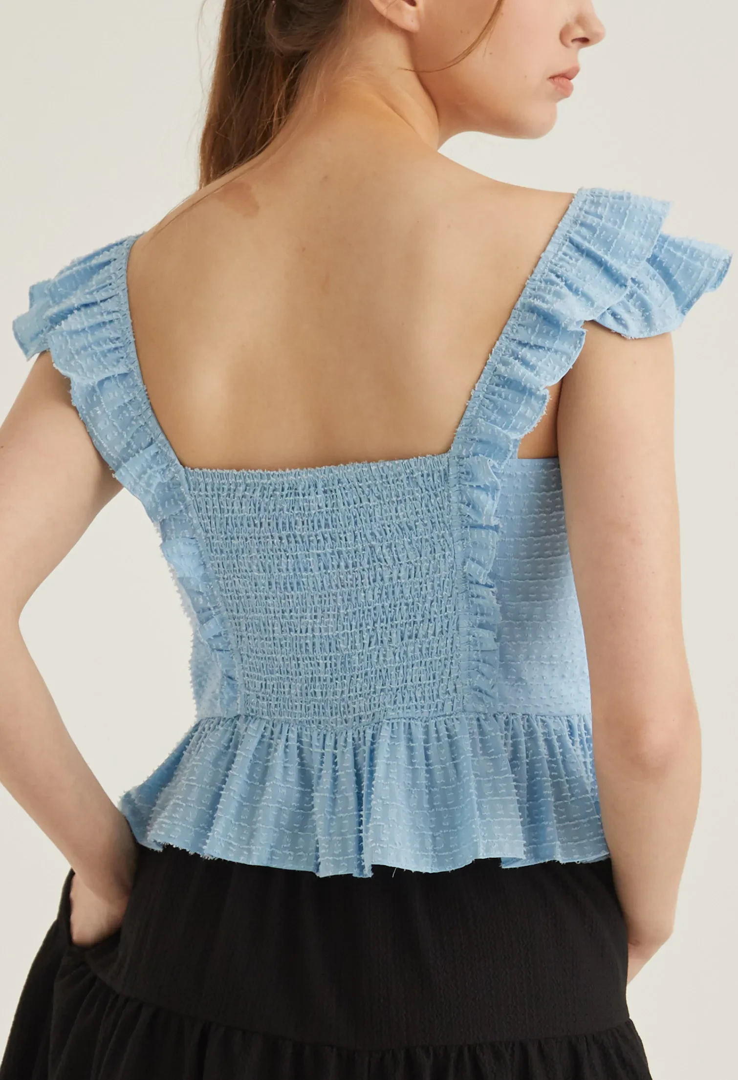 CAP SLEEVE VINTAGE PEPLUM TOP [L/BLUE]