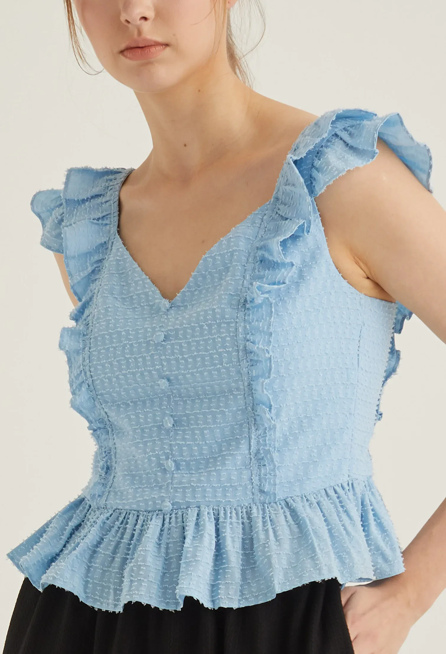 CAP SLEEVE VINTAGE PEPLUM TOP [L/BLUE]