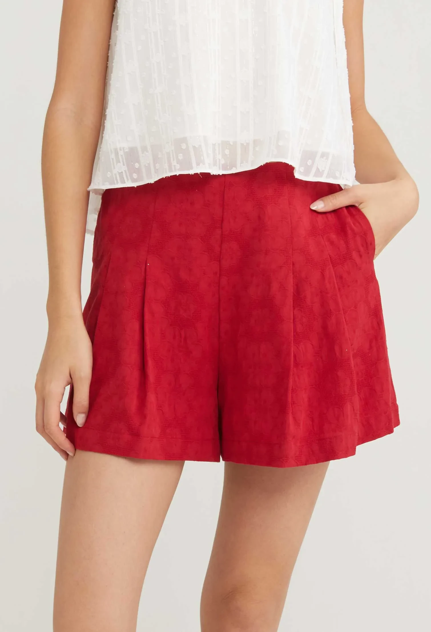 CHERRY BLOSSOM WIDE LEG PLEATED SHORTS [D/RED]