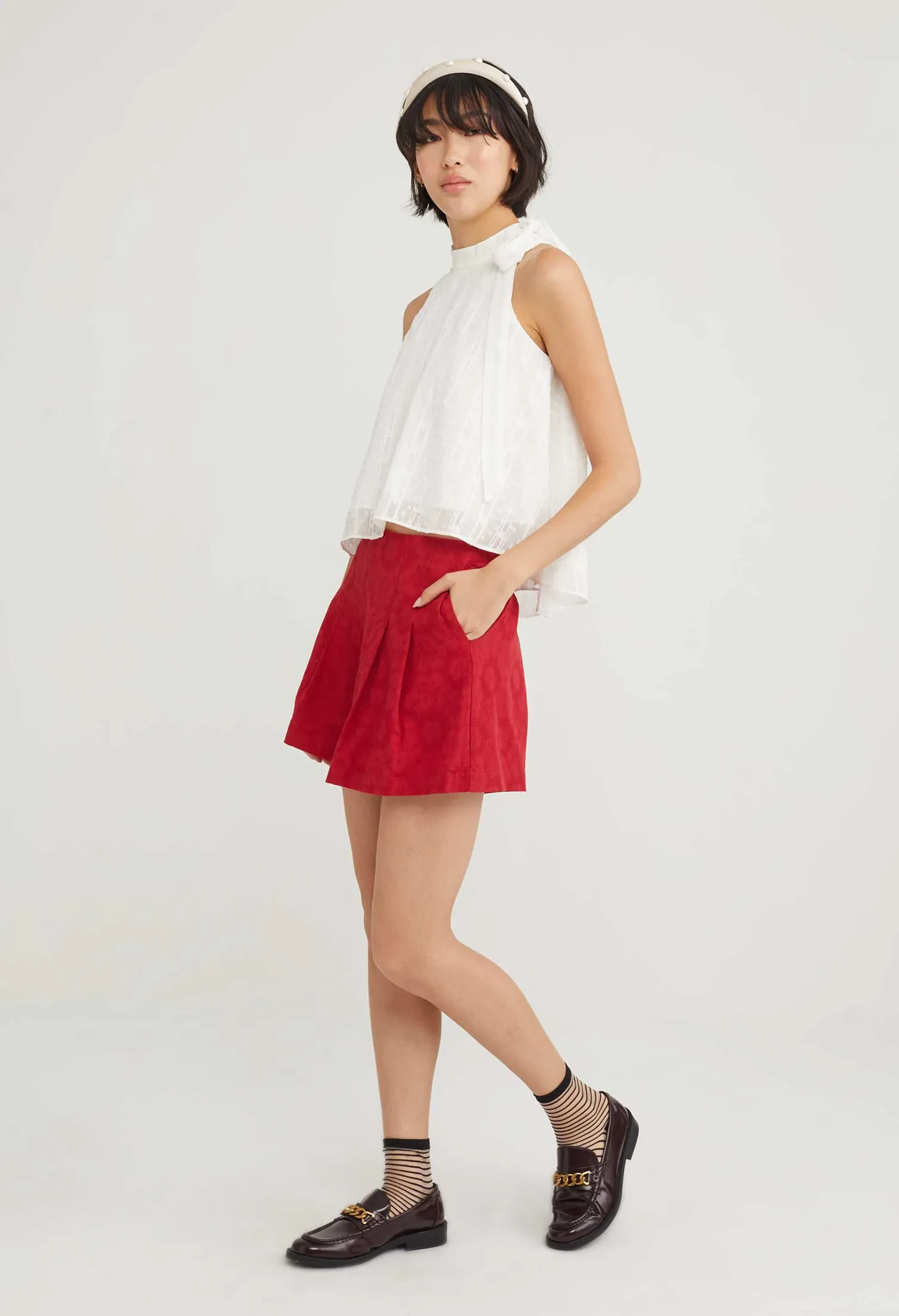 CHERRY BLOSSOM WIDE LEG PLEATED SHORTS [D/RED]
