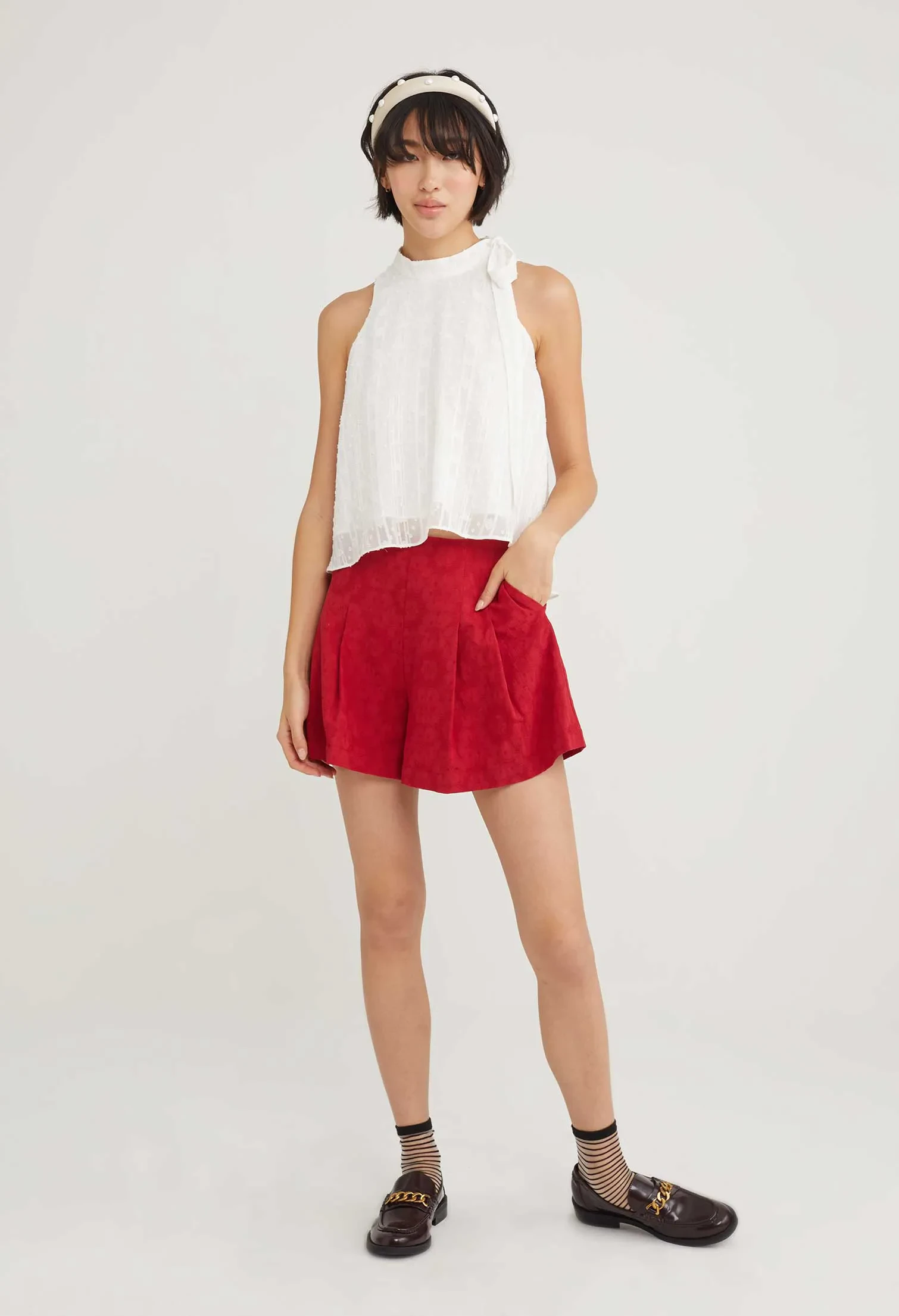 CHERRY BLOSSOM WIDE LEG PLEATED SHORTS [D/RED]