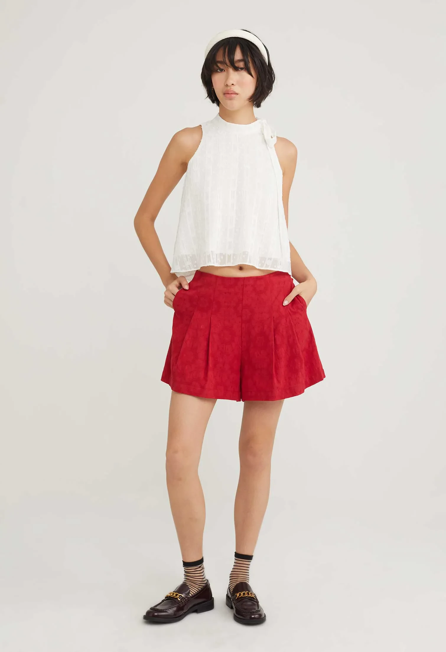 CHERRY BLOSSOM WIDE LEG PLEATED SHORTS [D/RED]