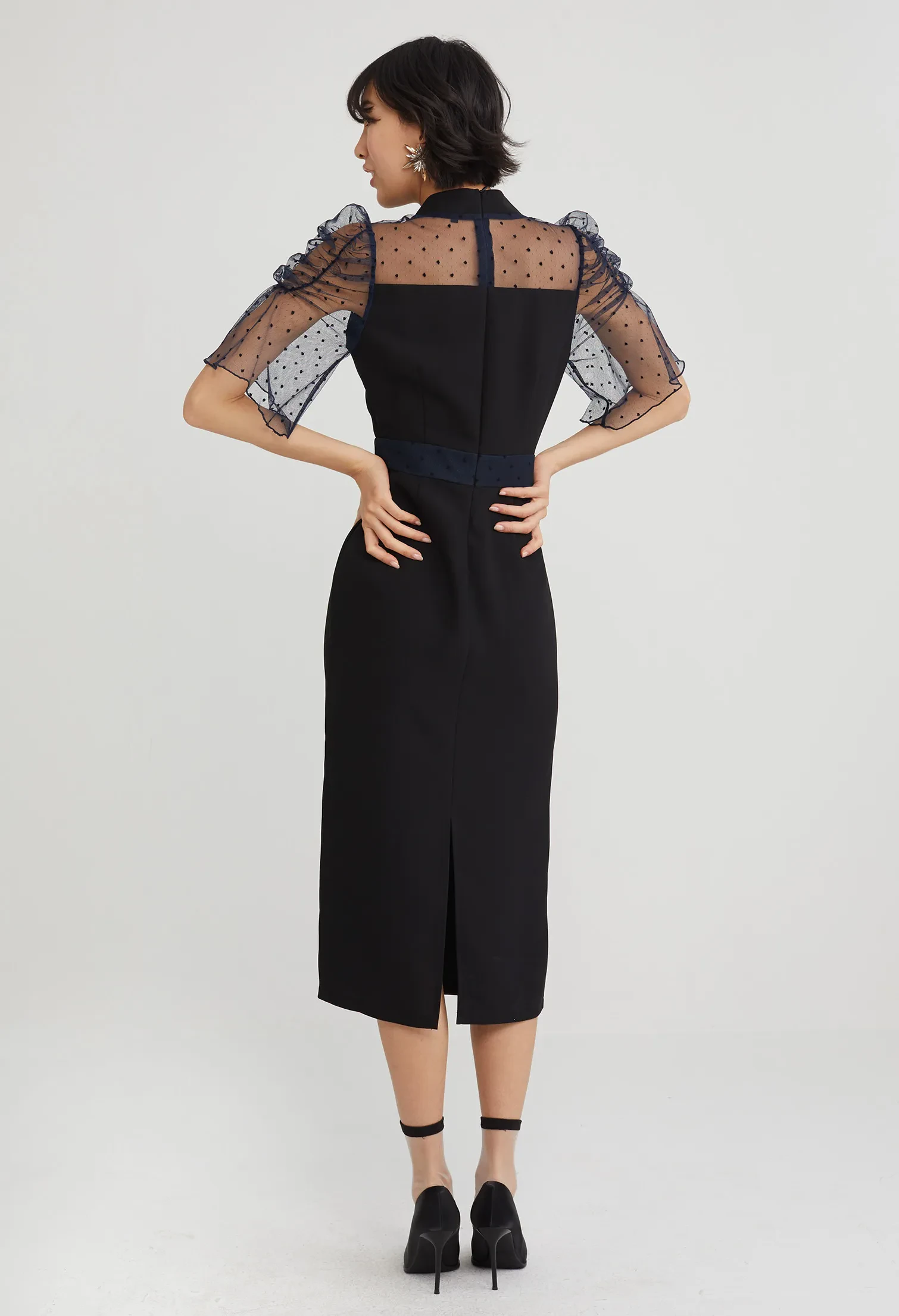 COCKTAIL SHEER SLEEVE MIDI DRESS [BLACK]