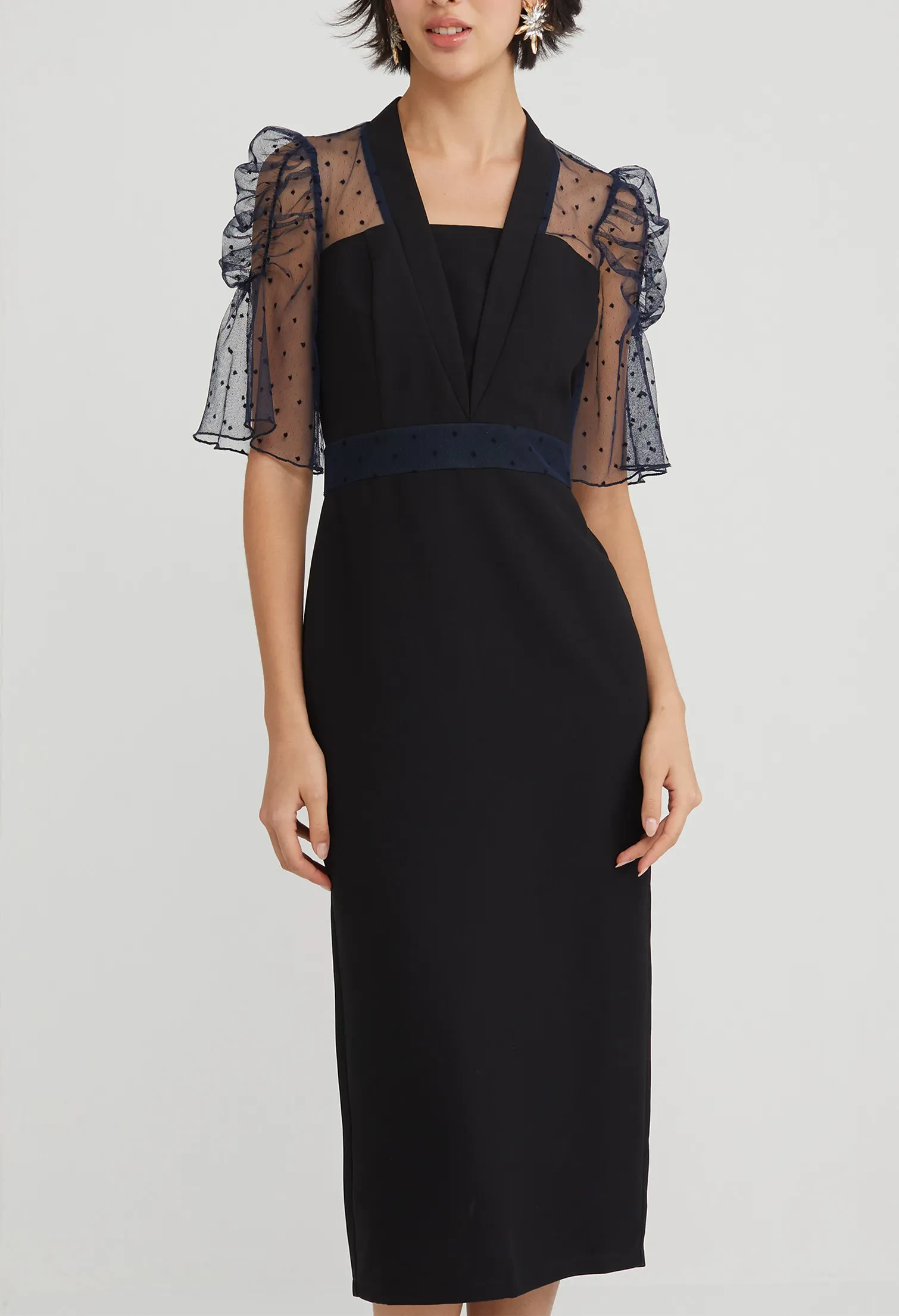 COCKTAIL SHEER SLEEVE MIDI DRESS [BLACK]