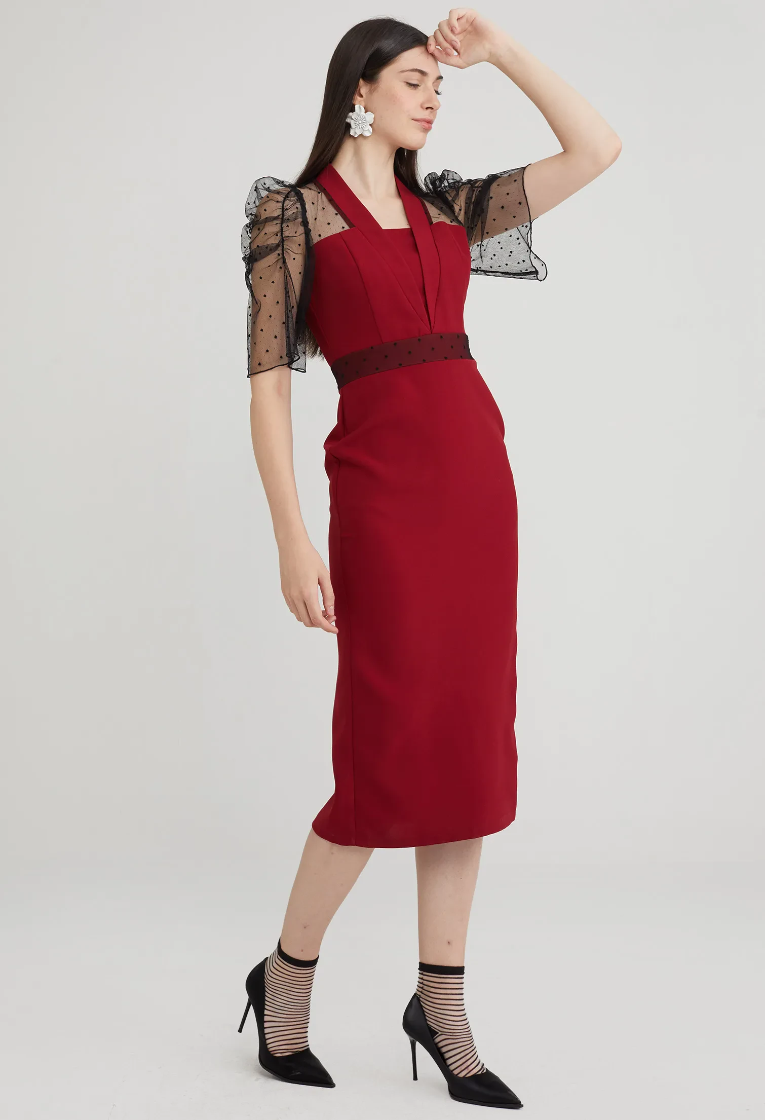 COCKTAIL SHEER SLEEVE MIDI DRESS [D/RED]