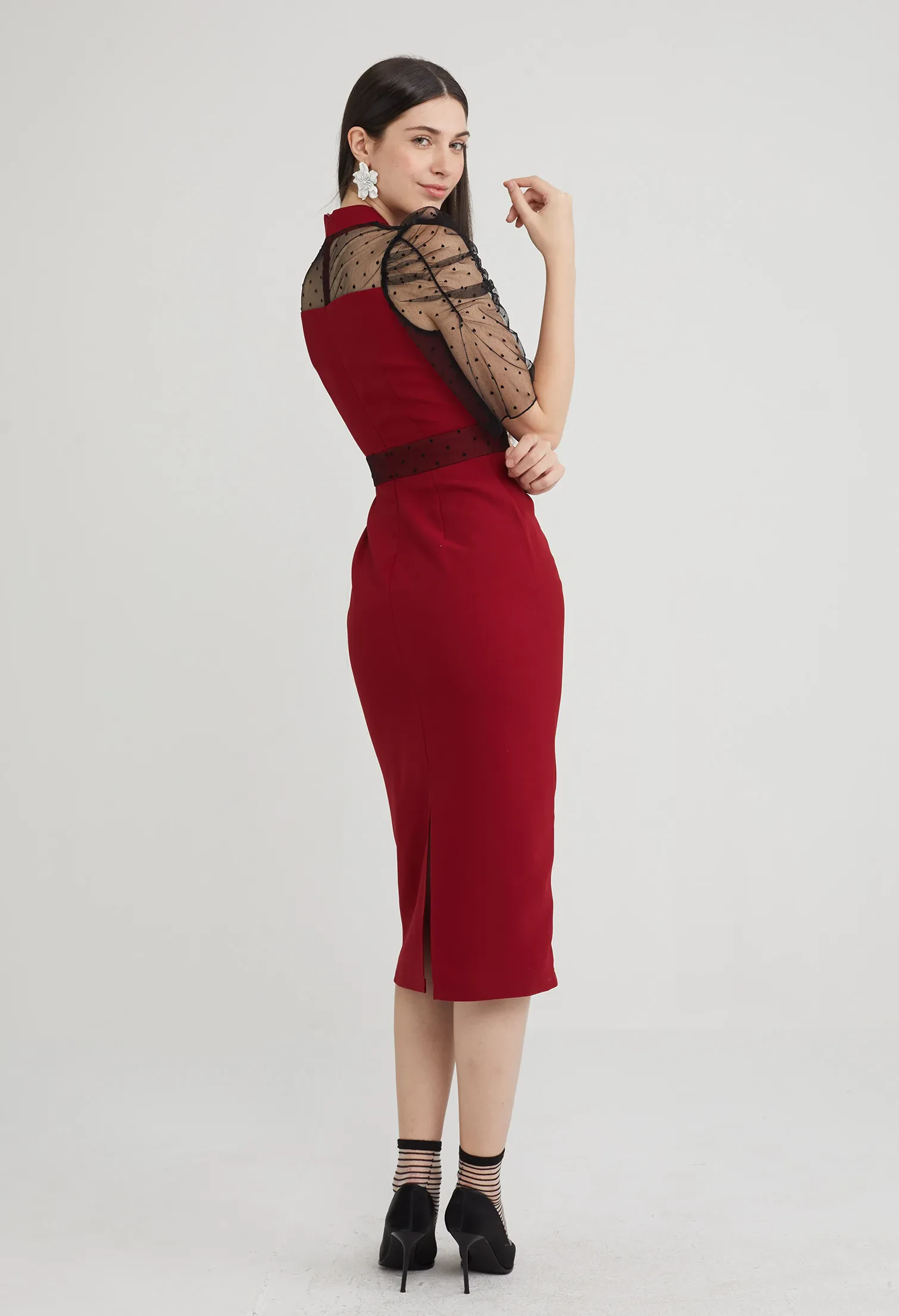 COCKTAIL SHEER SLEEVE MIDI DRESS [D/RED]