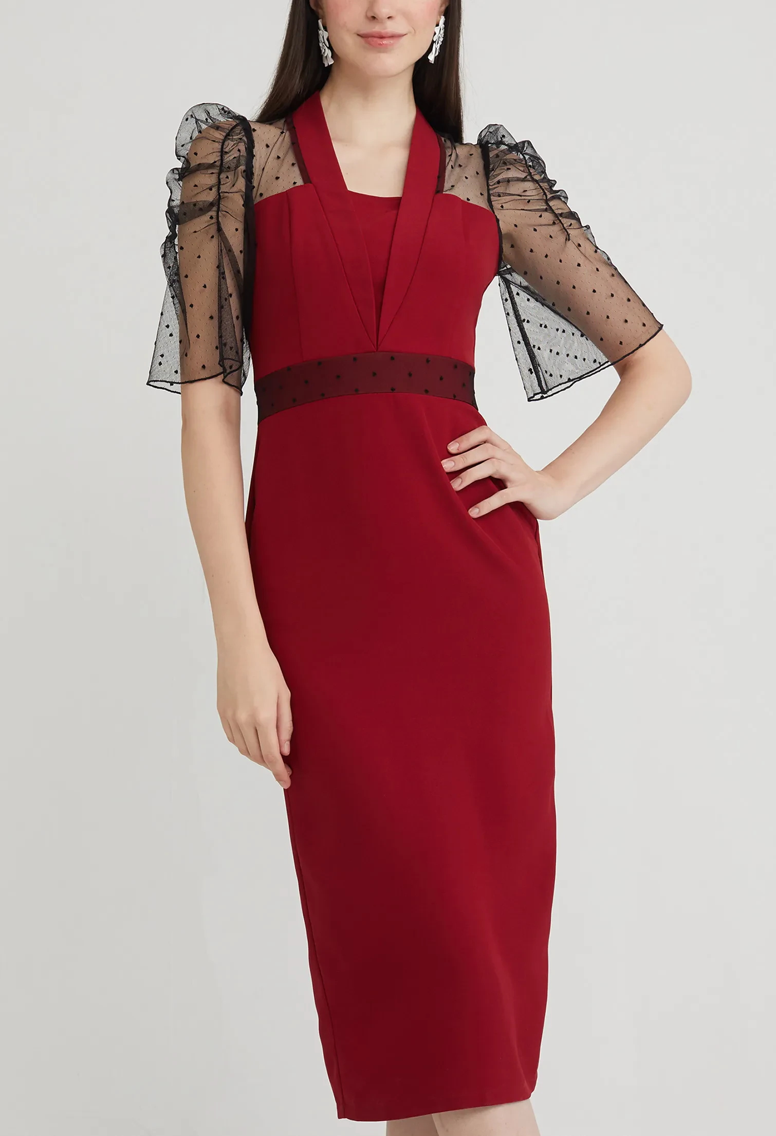 COCKTAIL SHEER SLEEVE MIDI DRESS [D/RED]