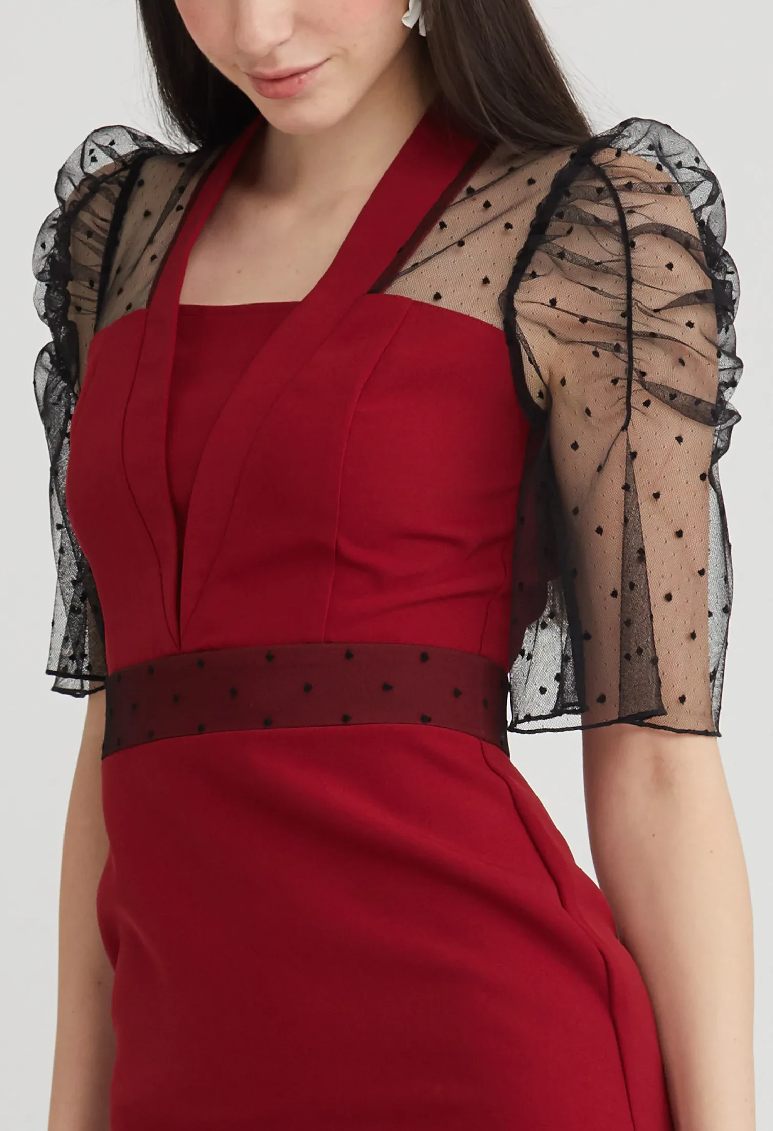 COCKTAIL SHEER SLEEVE MIDI DRESS [D/RED]