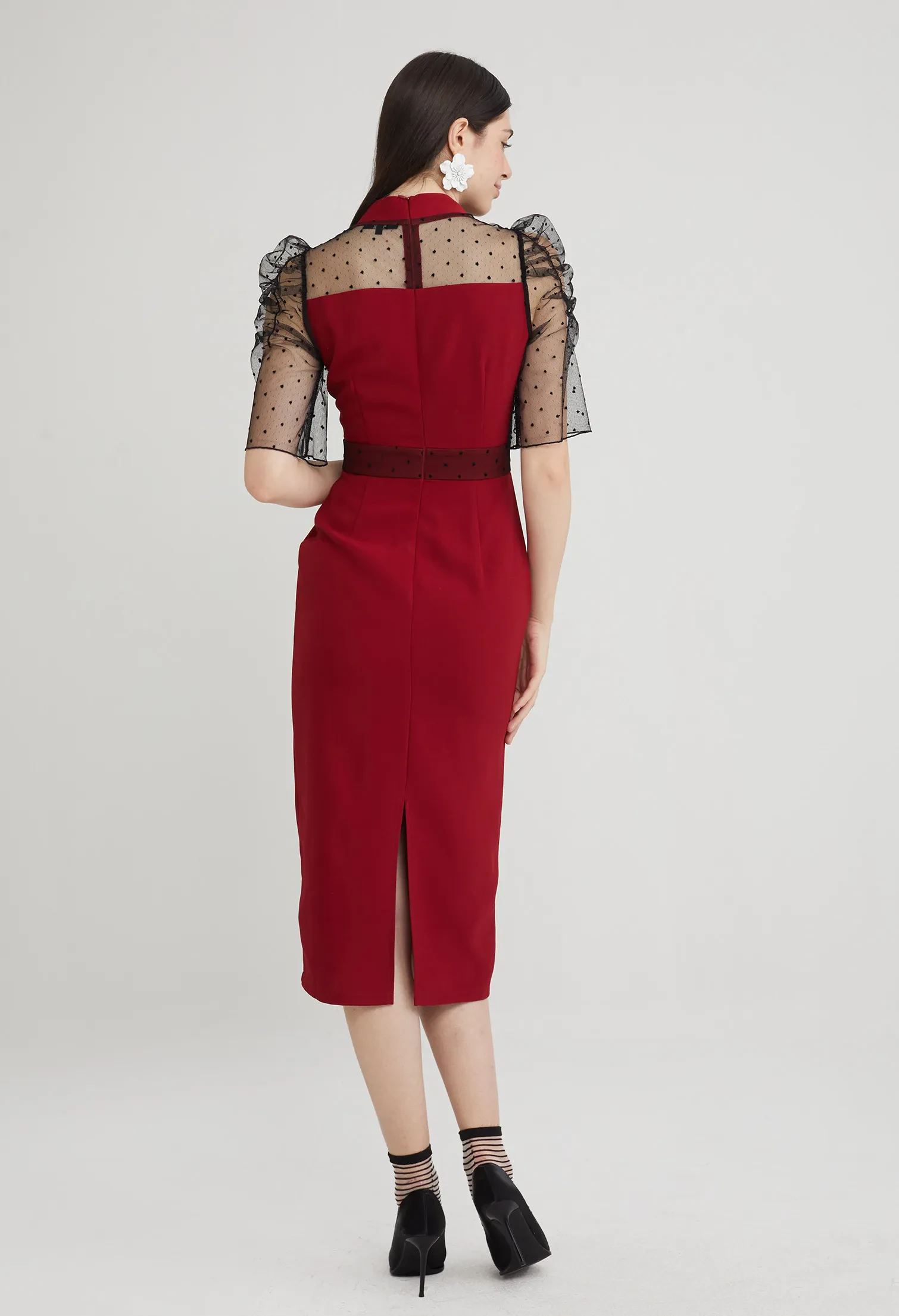 COCKTAIL SHEER SLEEVE MIDI DRESS [D/RED]