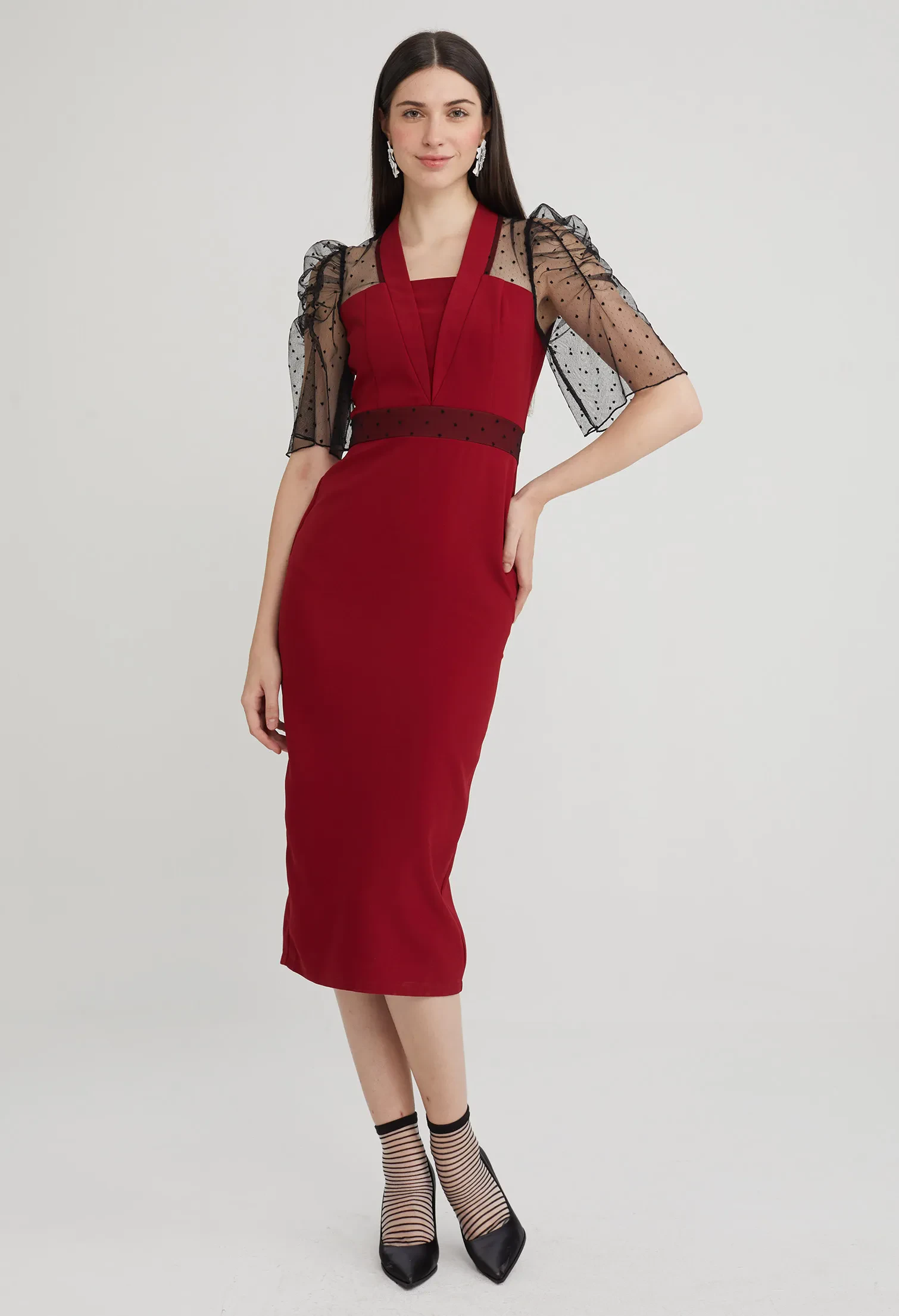 COCKTAIL SHEER SLEEVE MIDI DRESS [D/RED]