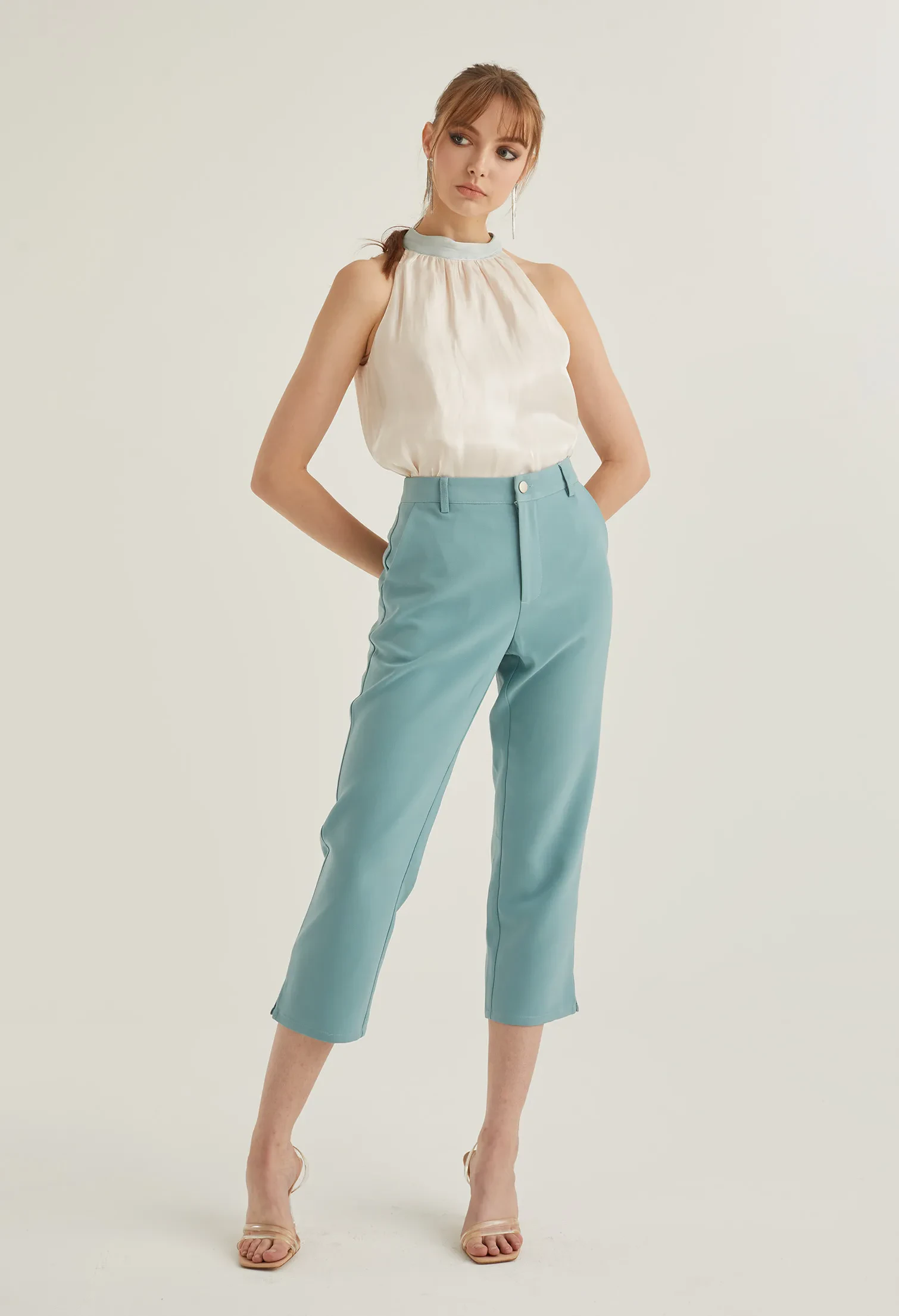 CROPPED OFFICE STRAIGHT CUT TROUSERS [SEAFOAM]