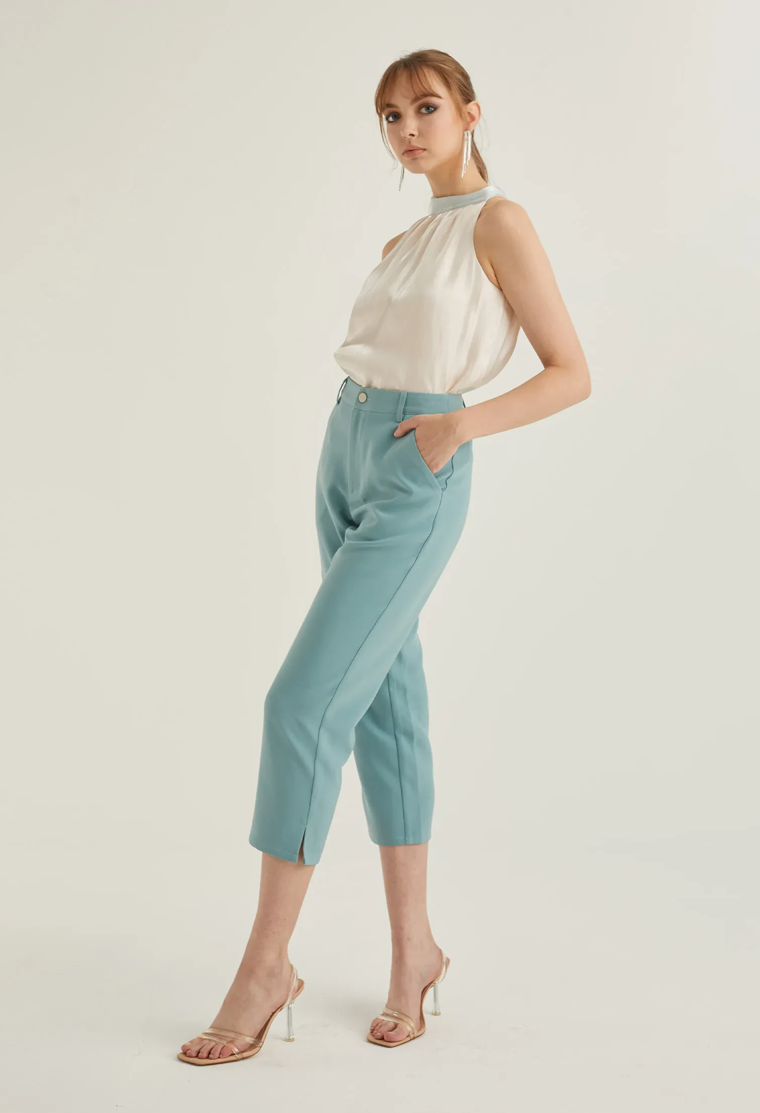 CROPPED OFFICE STRAIGHT CUT TROUSERS [SEAFOAM]