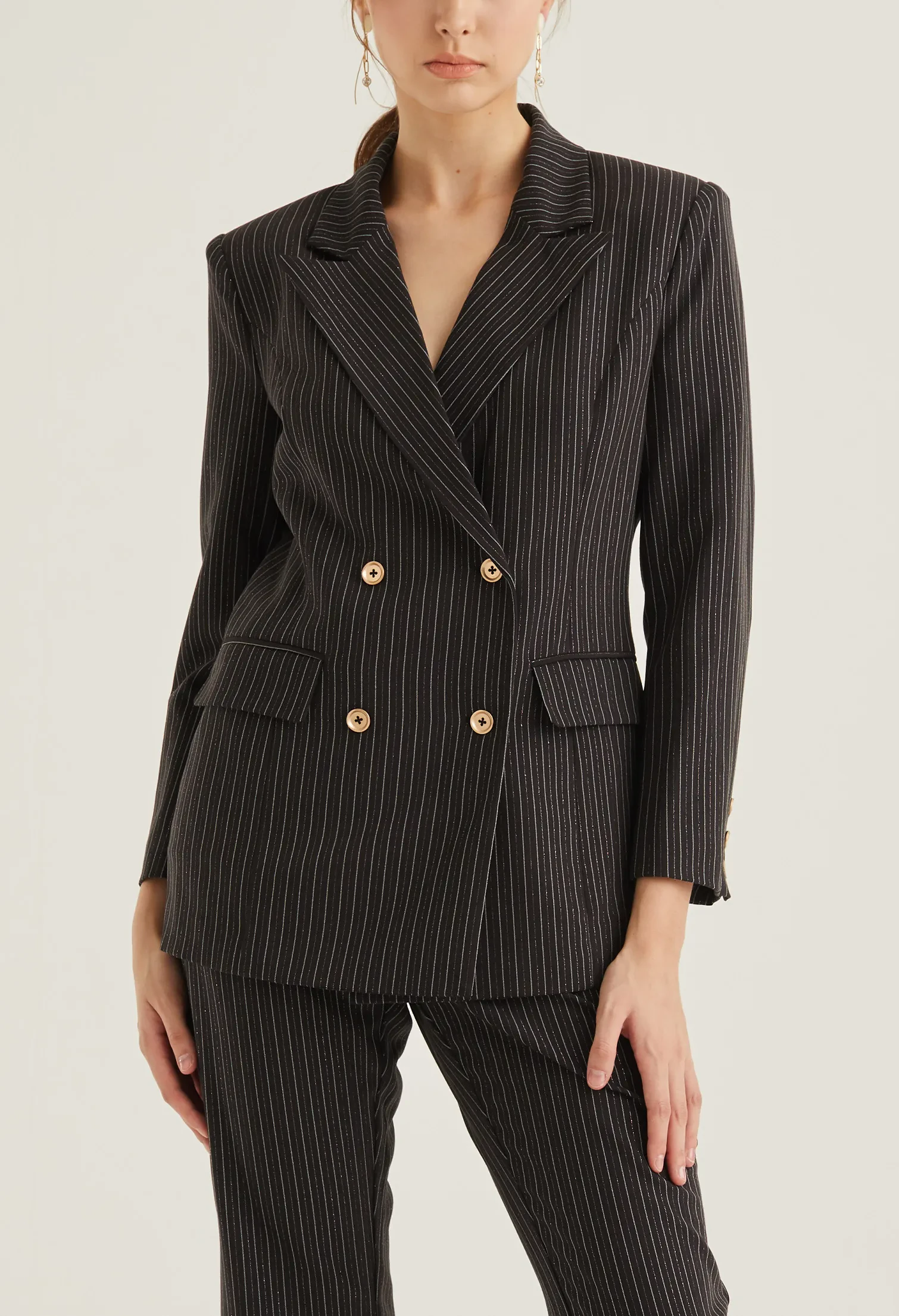 DOUBLE BREASTED STRIPED SMART BLAZER [BLACK]