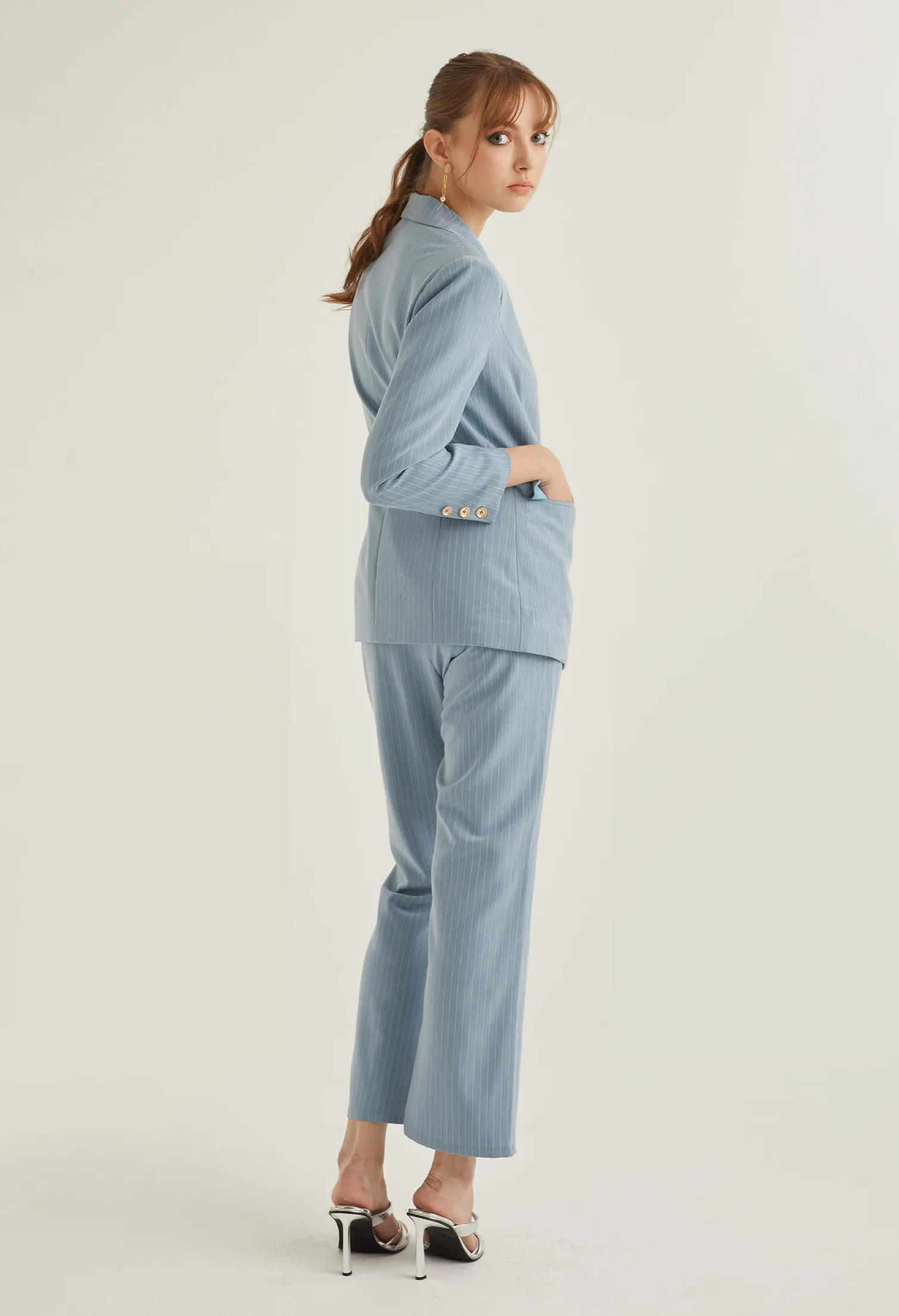 DOUBLE BREASTED STRIPED SMART BLAZER [BLUE]