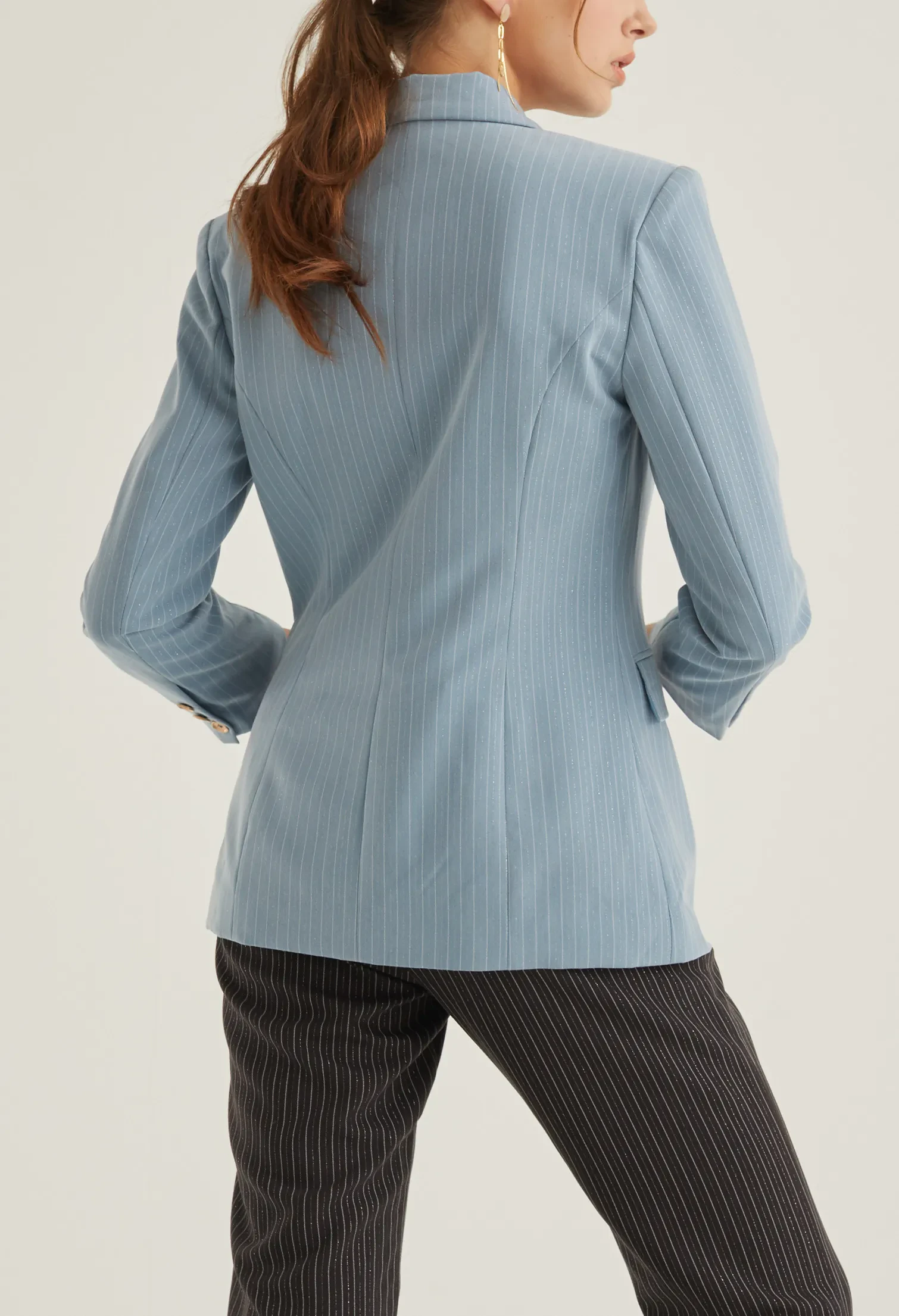 DOUBLE BREASTED STRIPED SMART BLAZER [BLUE]
