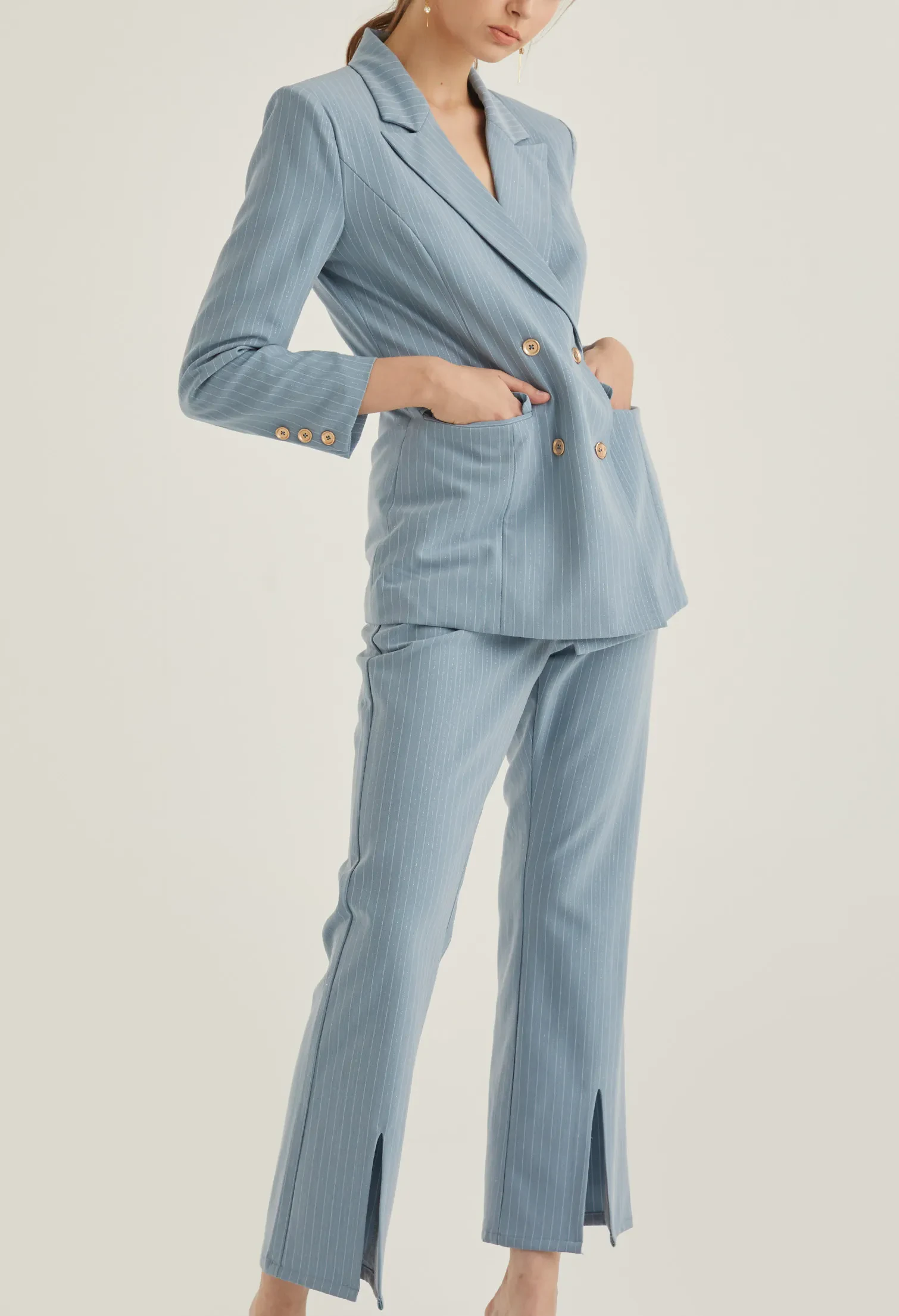 DOUBLE BREASTED STRIPED SMART BLAZER [BLUE]