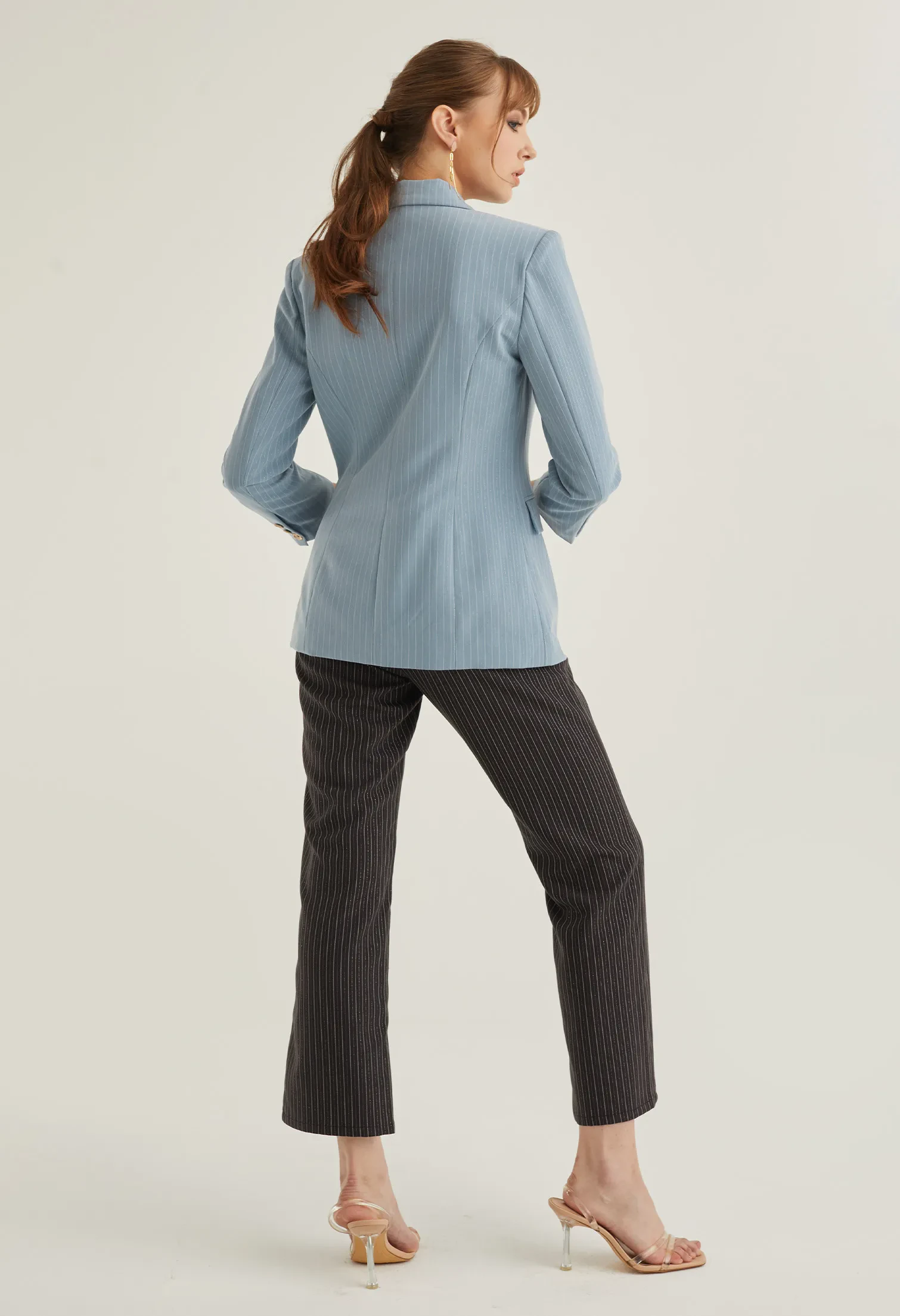 DOUBLE BREASTED STRIPED SMART BLAZER [BLUE]