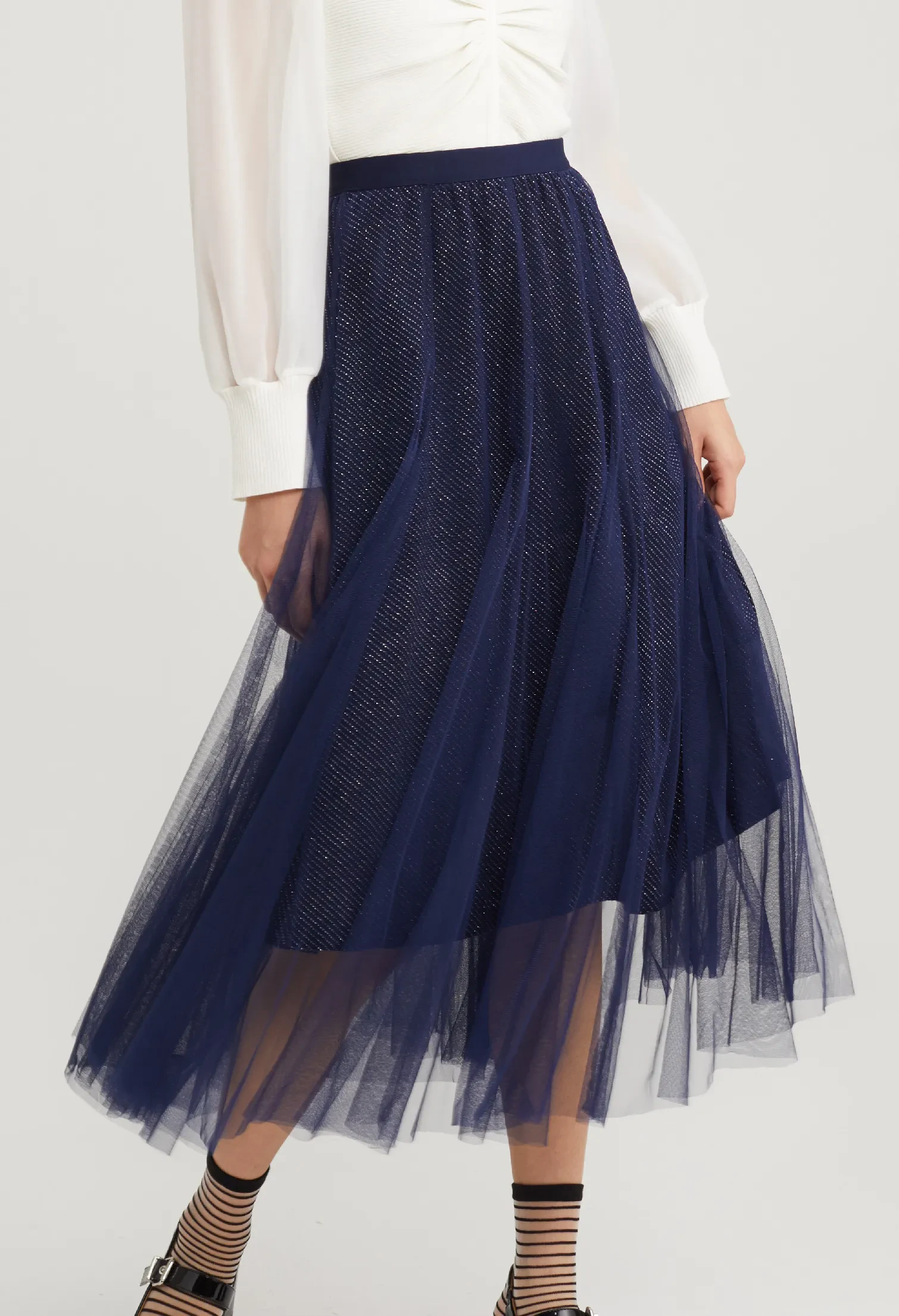 DOUBLE LAYERED METALLIC SKIRT [NAVY BLUE]